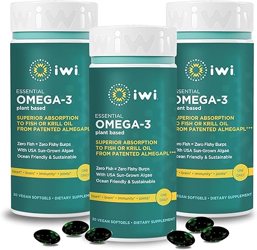 Miniatura 8 de Iwi Omega-3 Essential, 30 cápsulas blandas (30 porciones), algas omega 3 a base de plantas con EPA + DHA, suplemento dietético de apoyo para el