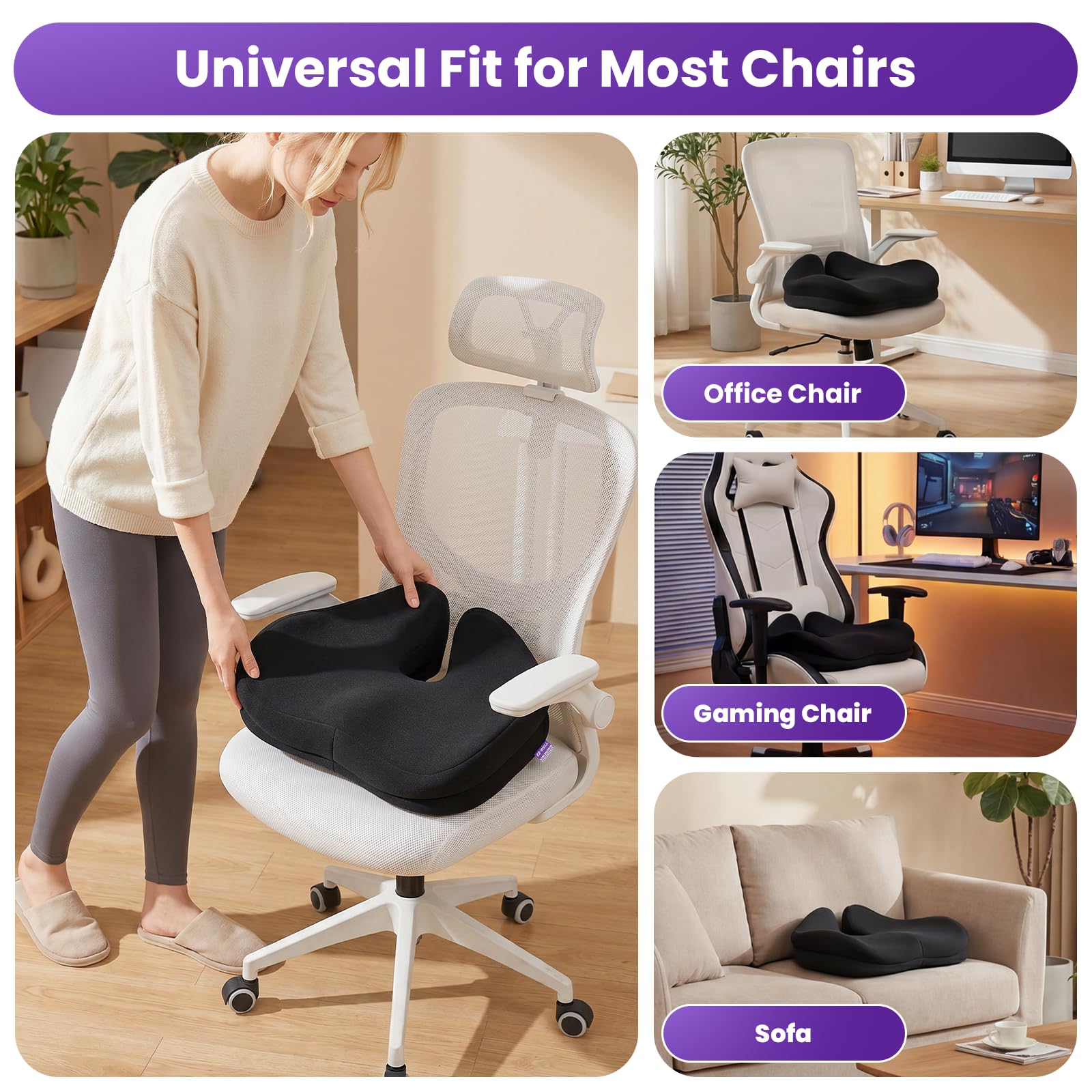 ZZ-WELL Cojín de asiento para silla de oficina, cojín de espuma viscoelástica de tamaño grande para sentarse durante mucho tiempo (negro)