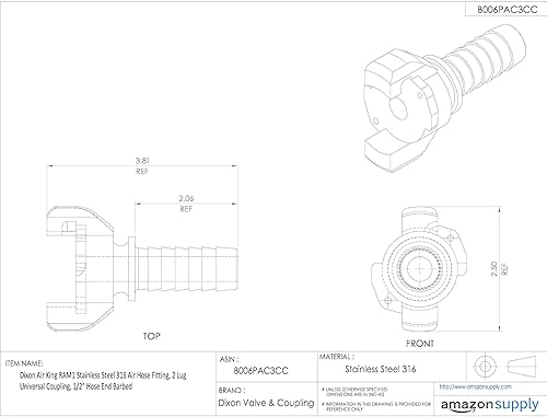 Miniatura 3 de Dixon Air King RAM1 - Manguera de aire de acero inoxidable 316, acoplamiento universal de 2 lengüetas, extremo de manguera de 12 pulgada con púas