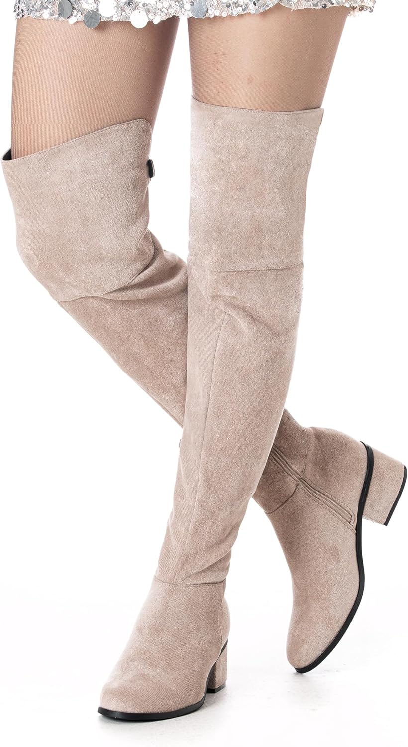 N.N.G Women Over The Knee Boots, Brown,Black,Stone Suede, 2 Inch Block Heel with Adjustable Buckle, Side Zipper, Thigh High Winter Fashion for Office and Casual
