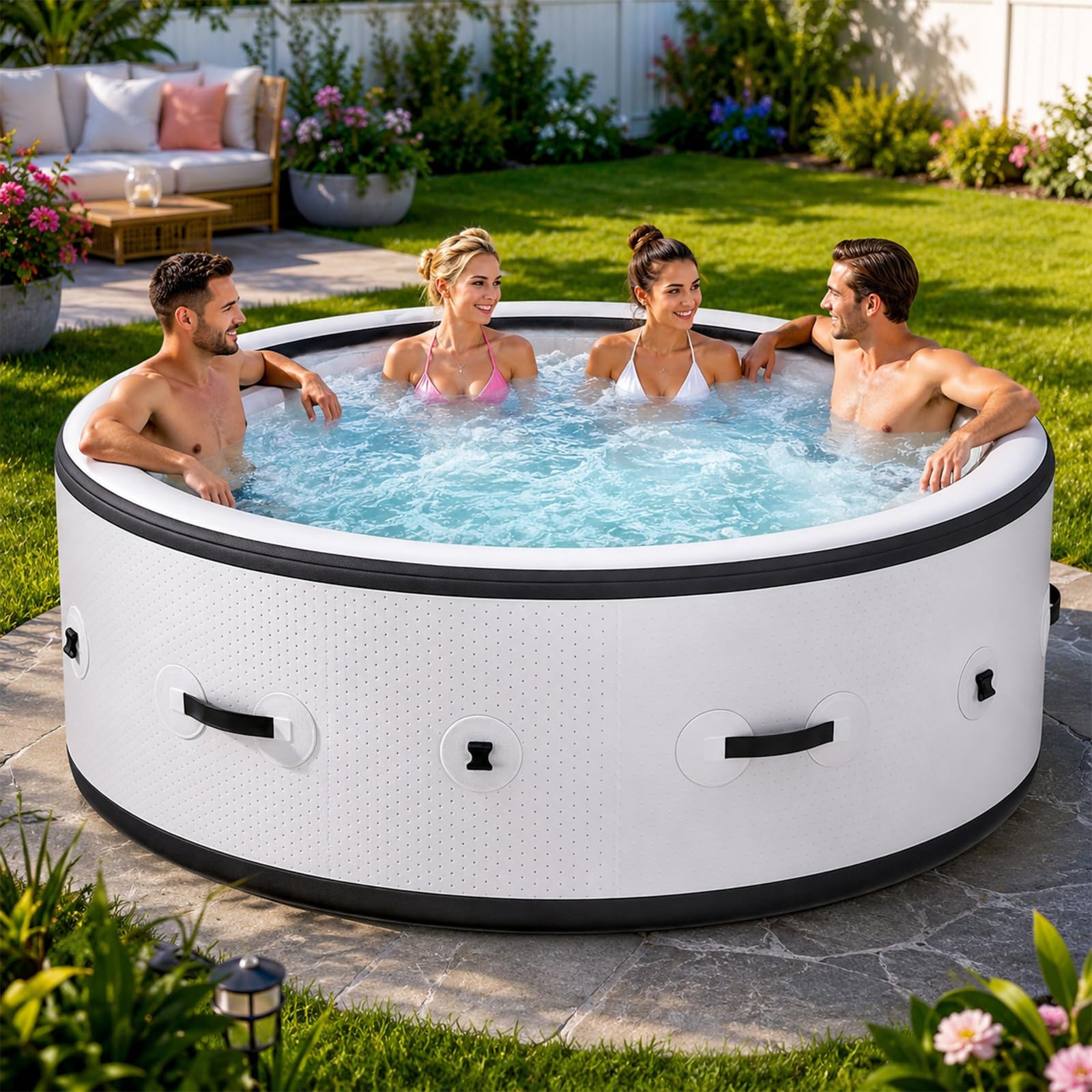 Spa Gonflable Lumineux LED 6 Couleurs, Spa Gonflable 4-6 Places 206x71 cm, 150 Jets de Massage Balnéo, Chauffage 40°C, Anti-Crevaison, Jardin Terrasse Cour Extérieur