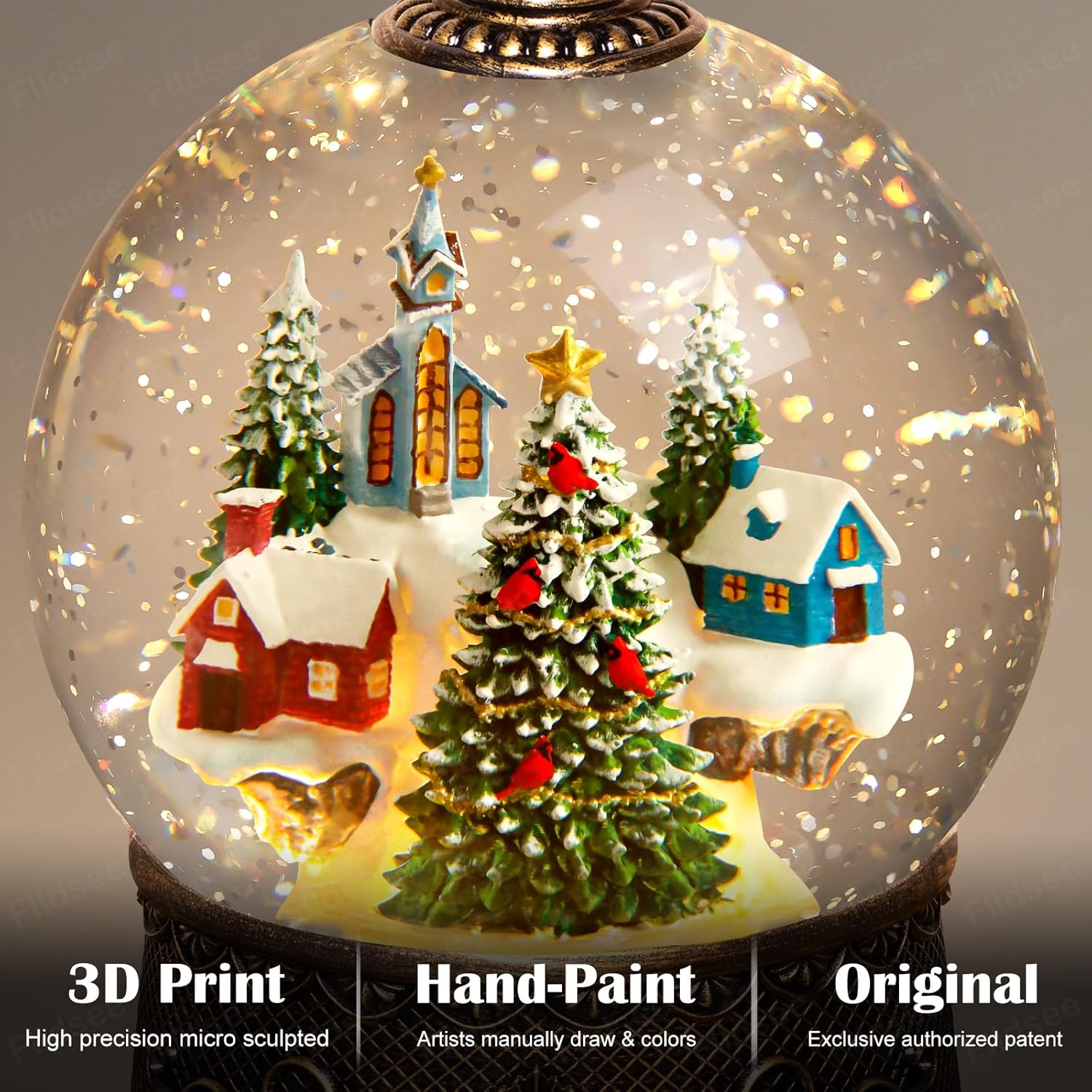 Christmas Snow Globe Lantern, Glitter Musical Snowglobe Light with Timer, USB & Battery Powered Music Box, Village Church Christmas Tree Cardinal, Holiday Decorations Indoor Home Decor - Image 2