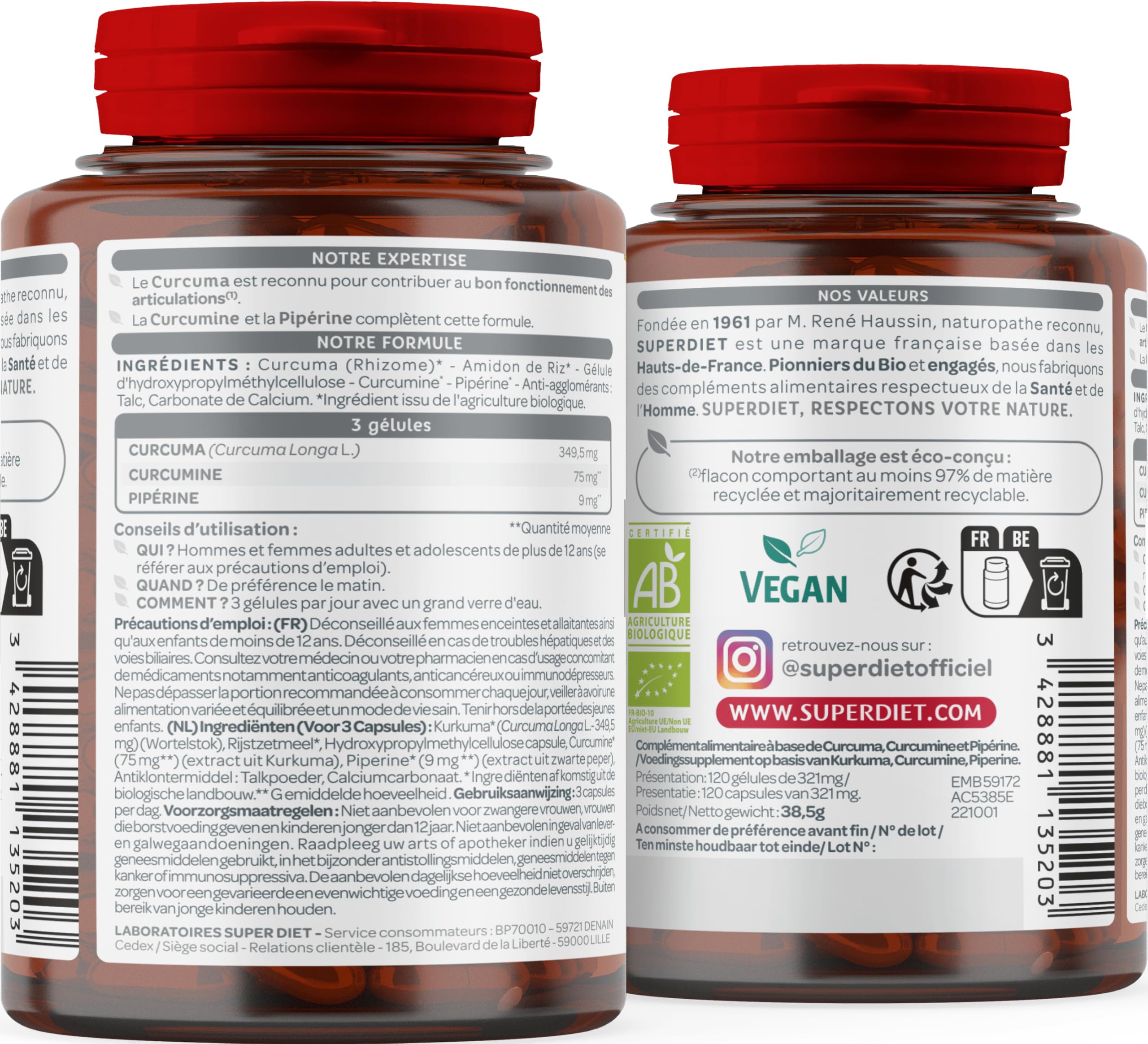 SUPERDIET - CURCUMA PIPÉRINE BIO - Articulations - Fabrication française - 120 gélules