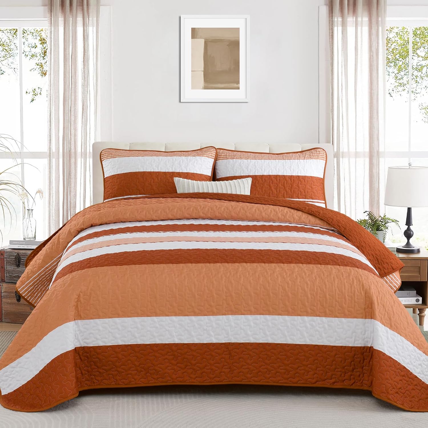 Dinjoy Burn Orange Striped King Size Quilt Set,Boho King