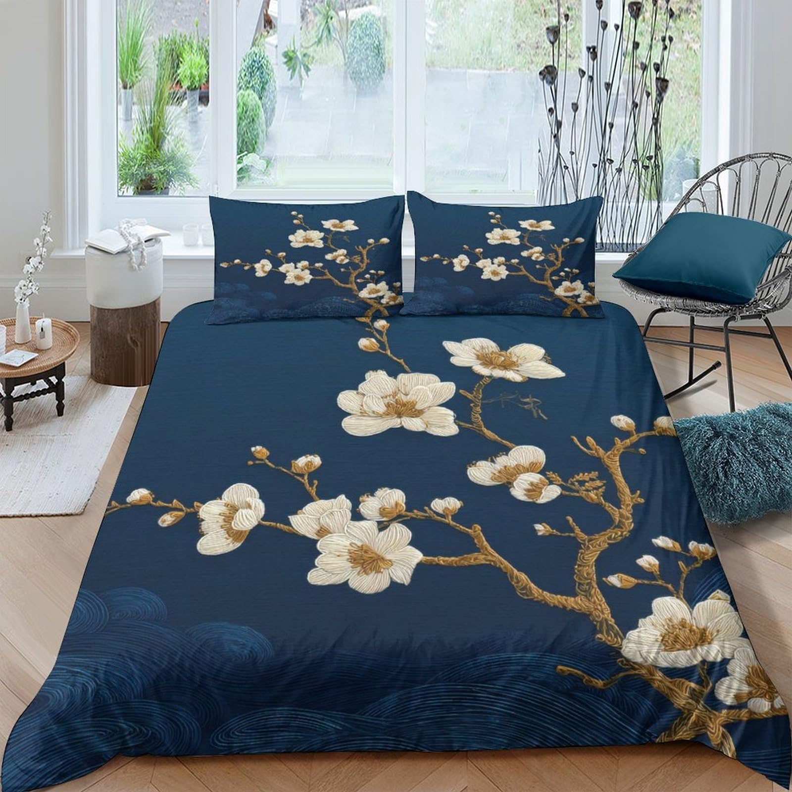 GPLZQXKJNH 3D Printed Blossom Branch Duvet Cover Set Microfiber Navy Blue Floral Quilt Cover with 2 Pillowcases for Bedroom Decor Single（135x200cm）