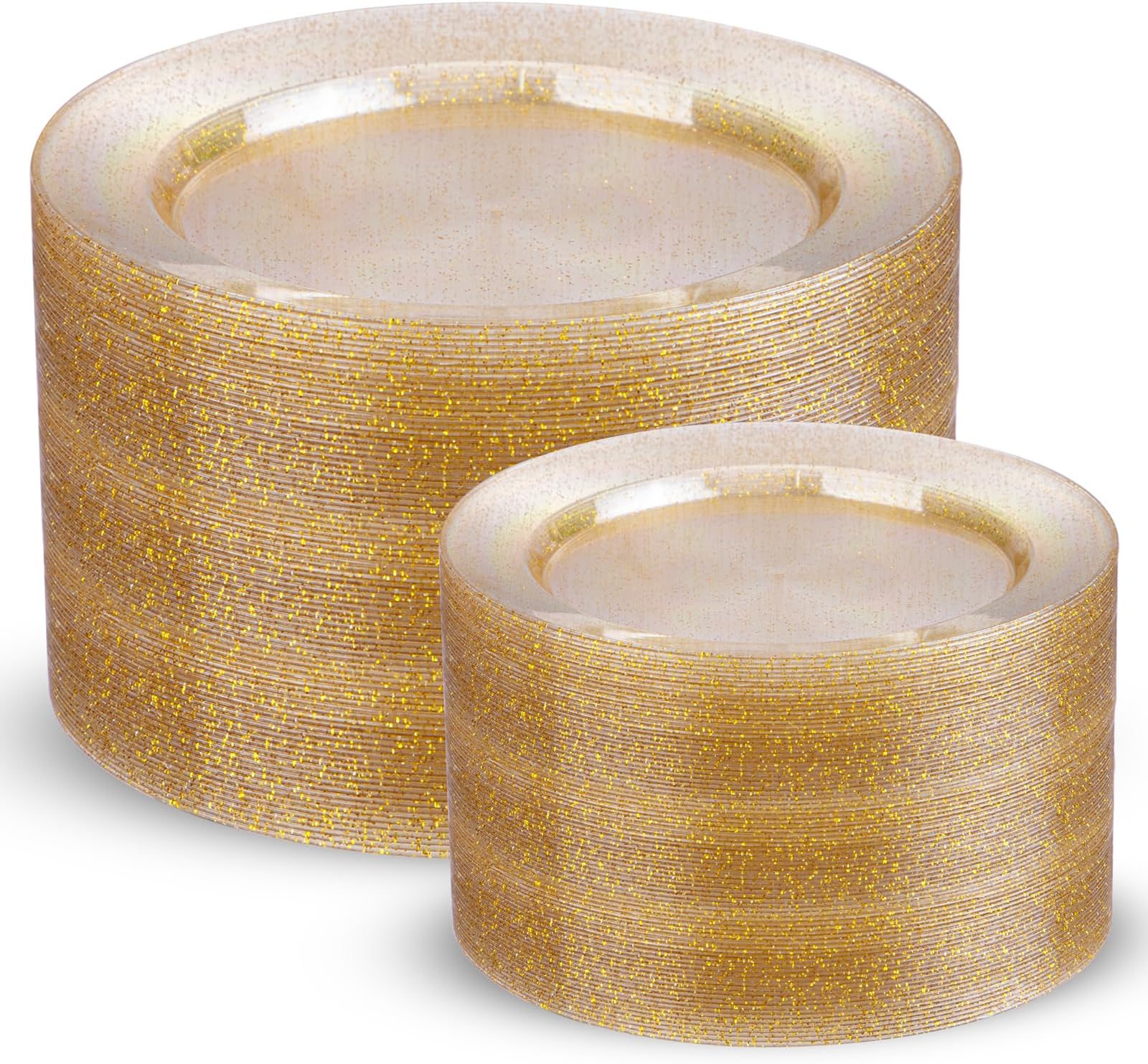 200 Pcs Gold Glitter Plastic Plates - Disposable Party Plates, Gold Glitter Disposable Plate Include 100 Dinner Plate and 100 Dessert Plate, Plastic Plate for Party, Holiday, Wedding & Birthday