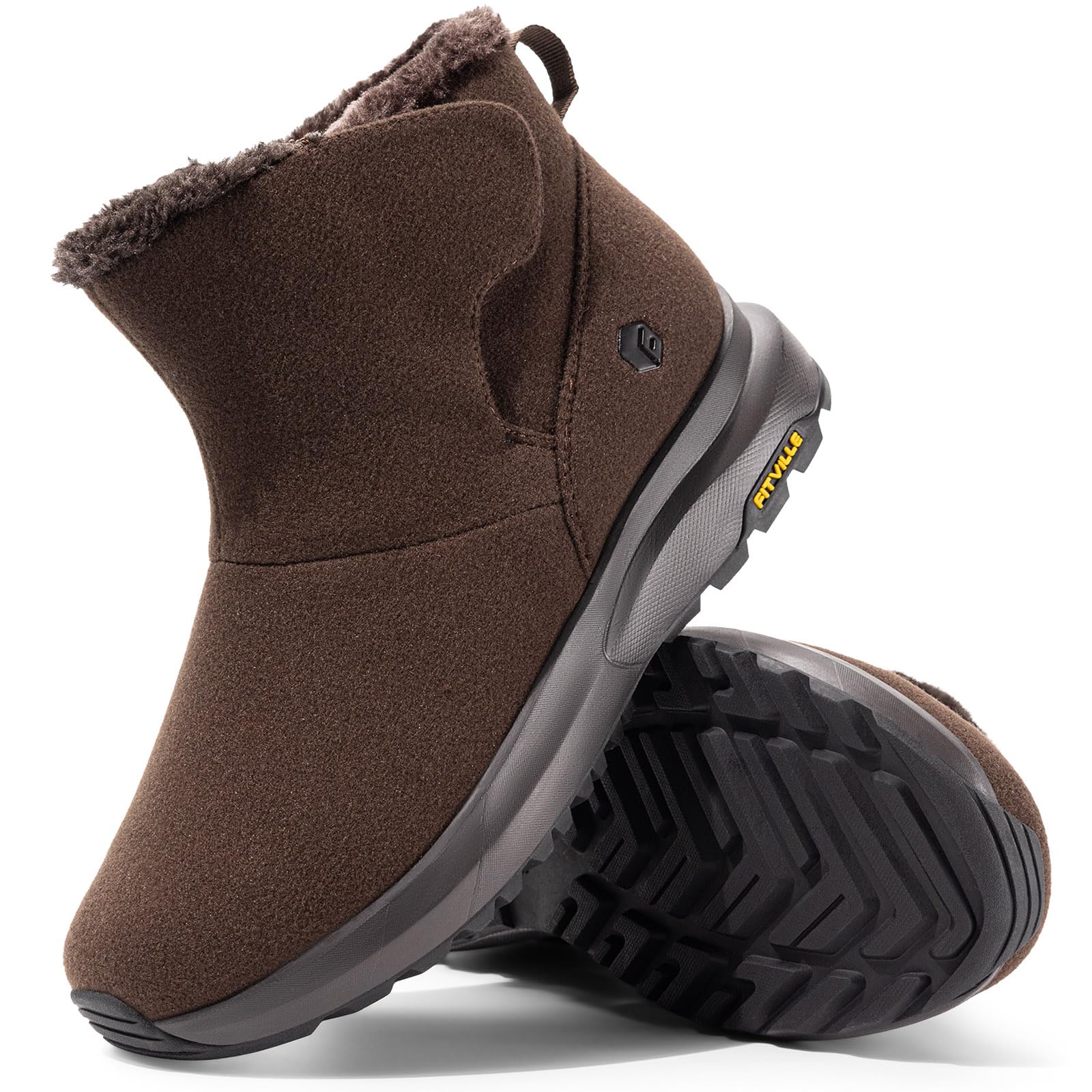 FitVille Men's Wide Winter Boots Thick Fur Lined Lightweight Snow Boots | Wide Width Felt Faux Fur Mens Boots, Wide Toe Box, Adjustable Strap, Anti-Slip Outsole, EVA Cushioning(Oak Brown,12 Wide)