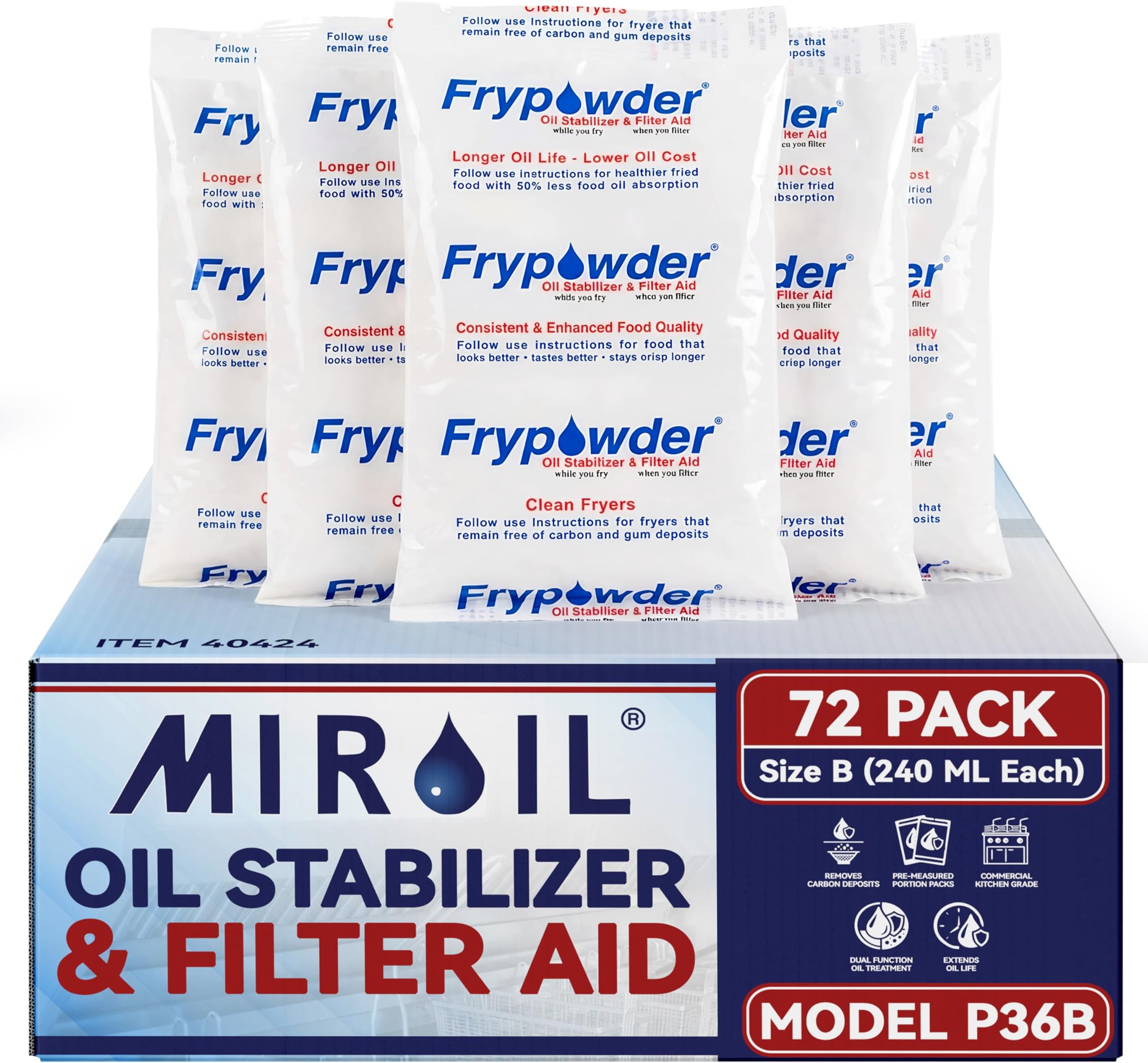 MirOil P36B Fry Powder Oil Stabilizer and Filter Aid, Deep Fryer Cooking Oil Saver Helps Save Grease & Remove Carbon Deposits, 72 x Size B Portion Pack(240ML Each) Fry Powder, Food Center Cooks Hotter