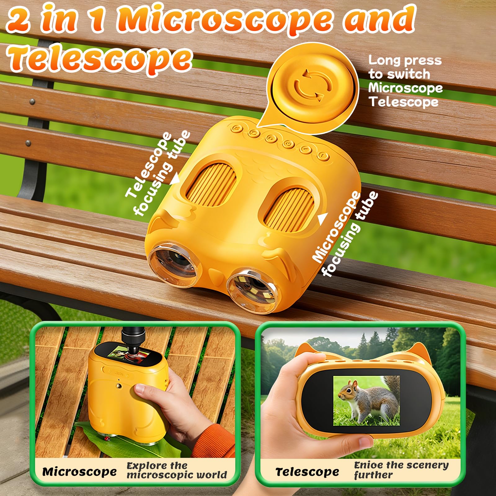 2 IN 1 Mikroskop und Taschenmikroskop für Kinder, 1000X Tragbares Digitales Mikroskop mit 2″ IPS Display & 8 LED, USB Taschenmikroskop mit 64G SD Karte, Geschenk für 3–12 Jährige