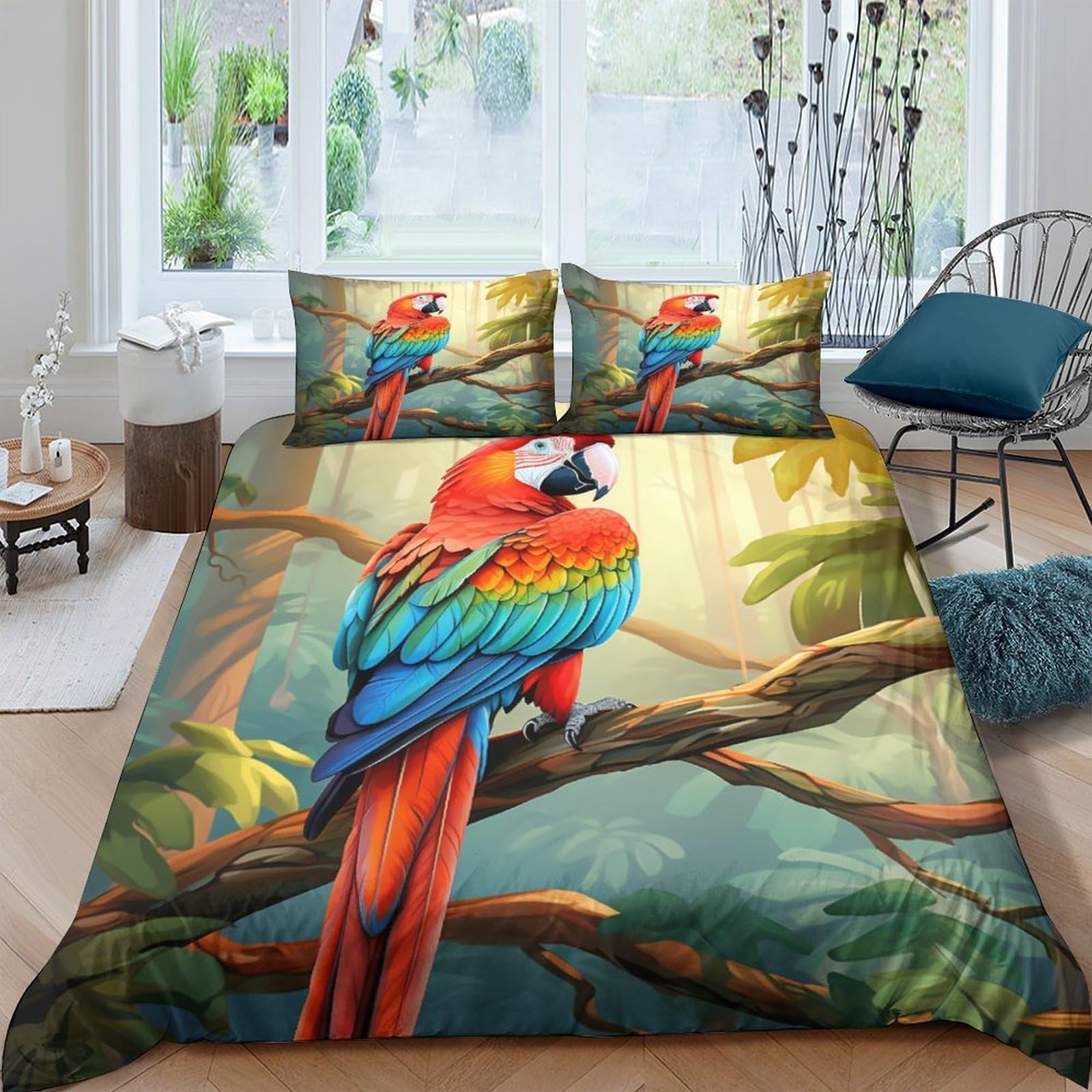 ENYISIYULO Colored Parrot Duvet Cover 3 PCS Hotel Quality Quilt Cover Bedding Set Bed Covers with Pillowcases with Zipper Closure Ultra Soft Anti Allergic Microfiber Double（200x200cm）