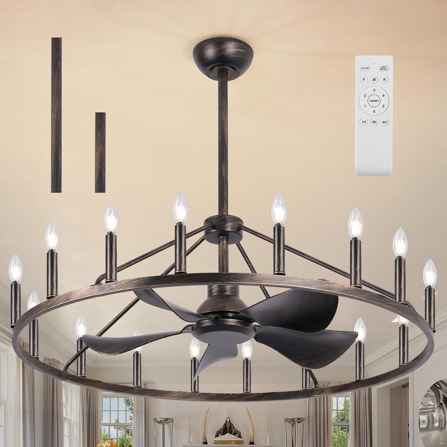Farmhouse Chandelier Ceiling Fan with Light and Remote, 16-Lights Large Wagon Wheel Fandelier with Candle for Living Room,Rustic Antique Bronze Fan with Big Light Fixture for Loft