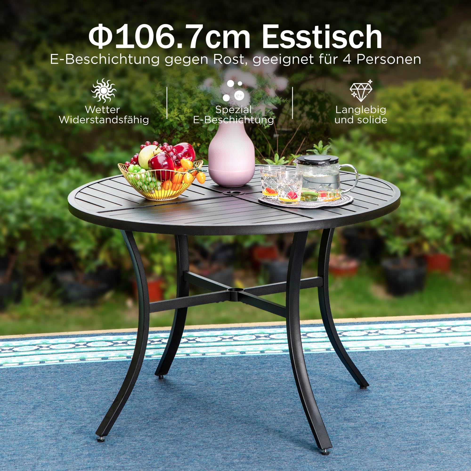 PHI VILLA Gartentisch Esstisch Balkontisch Wetterfest, 107cm Outdoor Rund Terrassentisch mit Schirmloch für 4, Schwarze Metall E-Beschichtung Garten Außen Tisch für Hinterhof Veranda Terrasse
