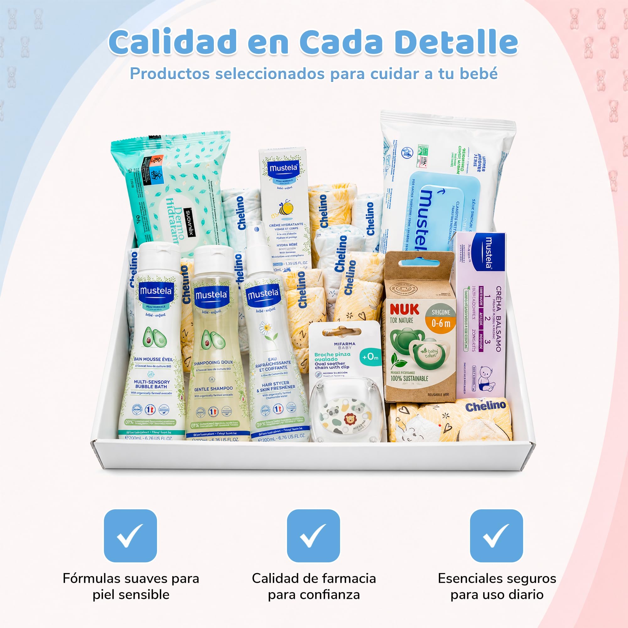 Cesto regalo per neonato, set regalo unisex per maschietti e femminucce, kit igienico completo con gel, shampoo, acqua di colonia, salviettine, pannolini, ciucci e clip, kit per neonato baby shower