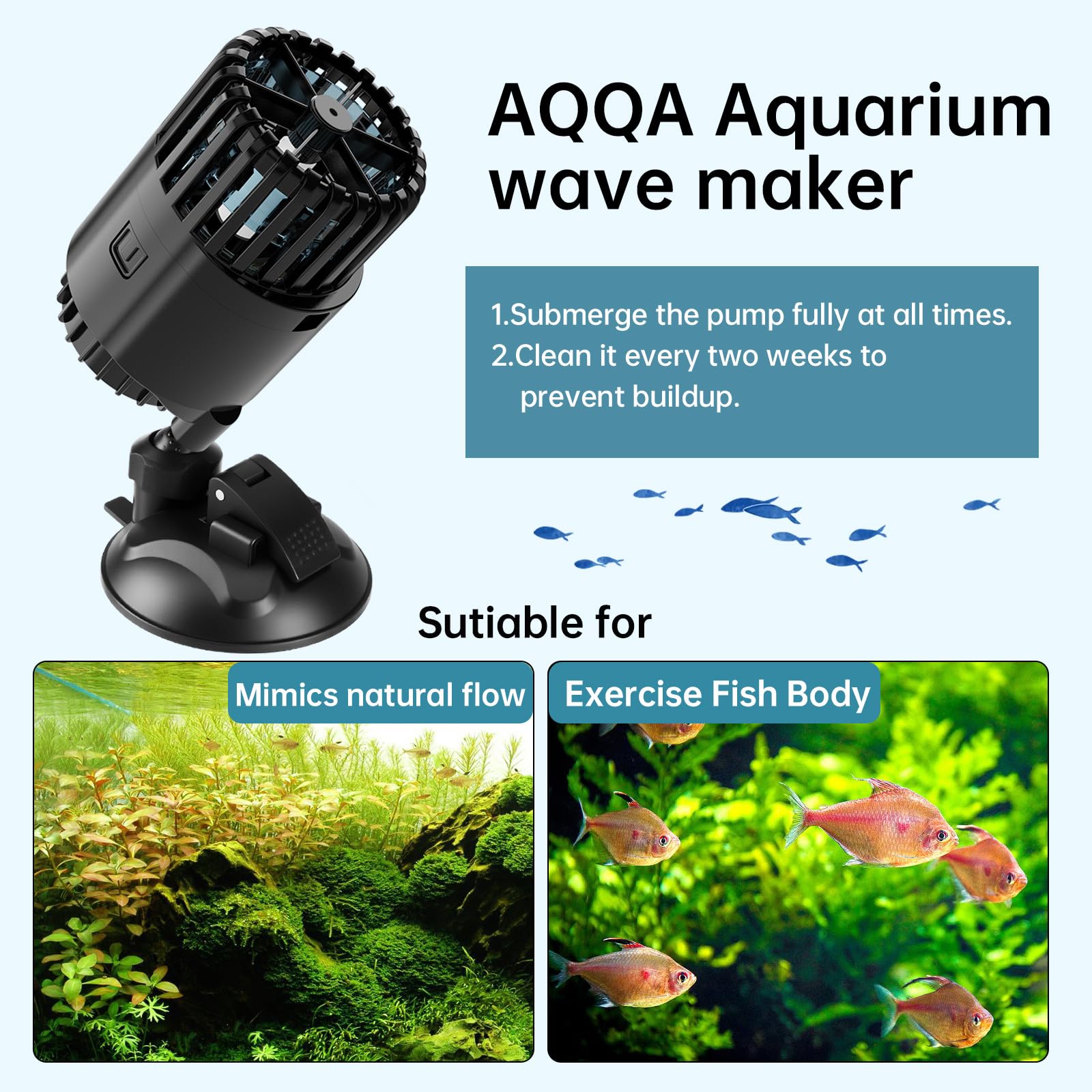 AQQA Aquarium Strömungspumpe Wavemaker,5W Aquarium Umwälzpumpe Wellenpumpe mit 360°verstellbarer PowerHead,Wellenmacher für Aquarien mit mit starkem Saugplatte,für 75-280L Aquarien