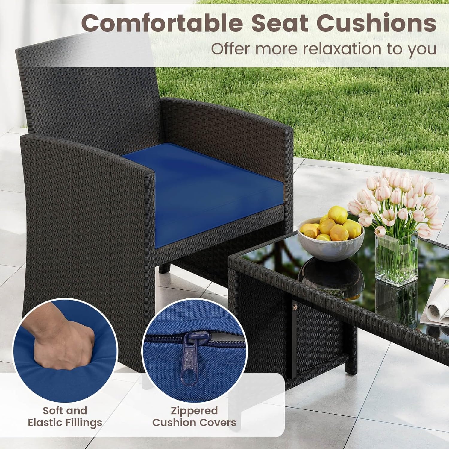 4 PCS Stable Patio Conversation Set w/Blue Seat Cushions & Tempered Glass Tabletop Outdoor