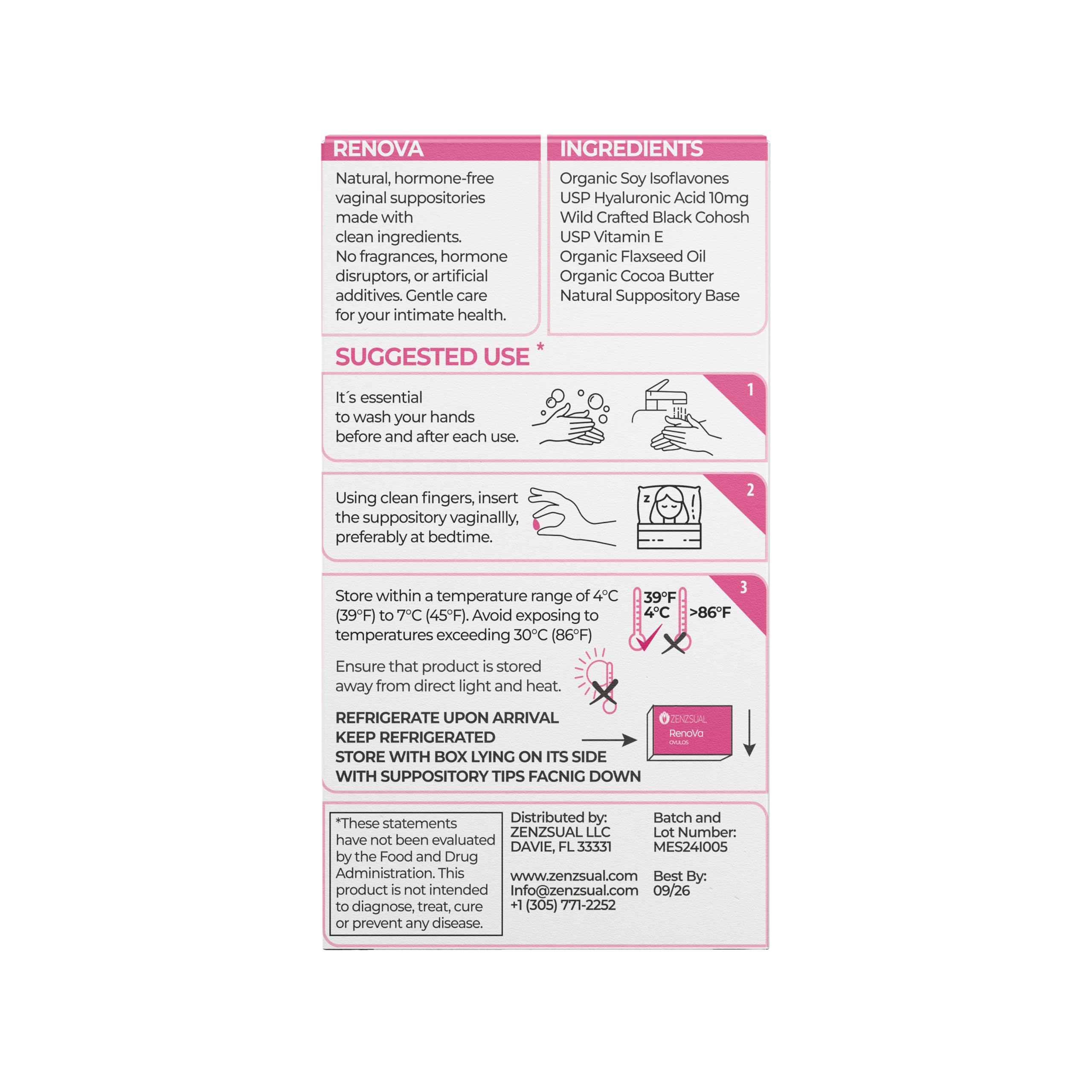 ZENZSUAL Renova Ovulos Moisture Support Suppositories, 20 Inserts (2 Boxes) – Extra Strength Feminine Dryness Support - Moisture Care with 10mg Hyaluronic Acid, Vitamin E, Flaxseed Oil & Cocoa Butter