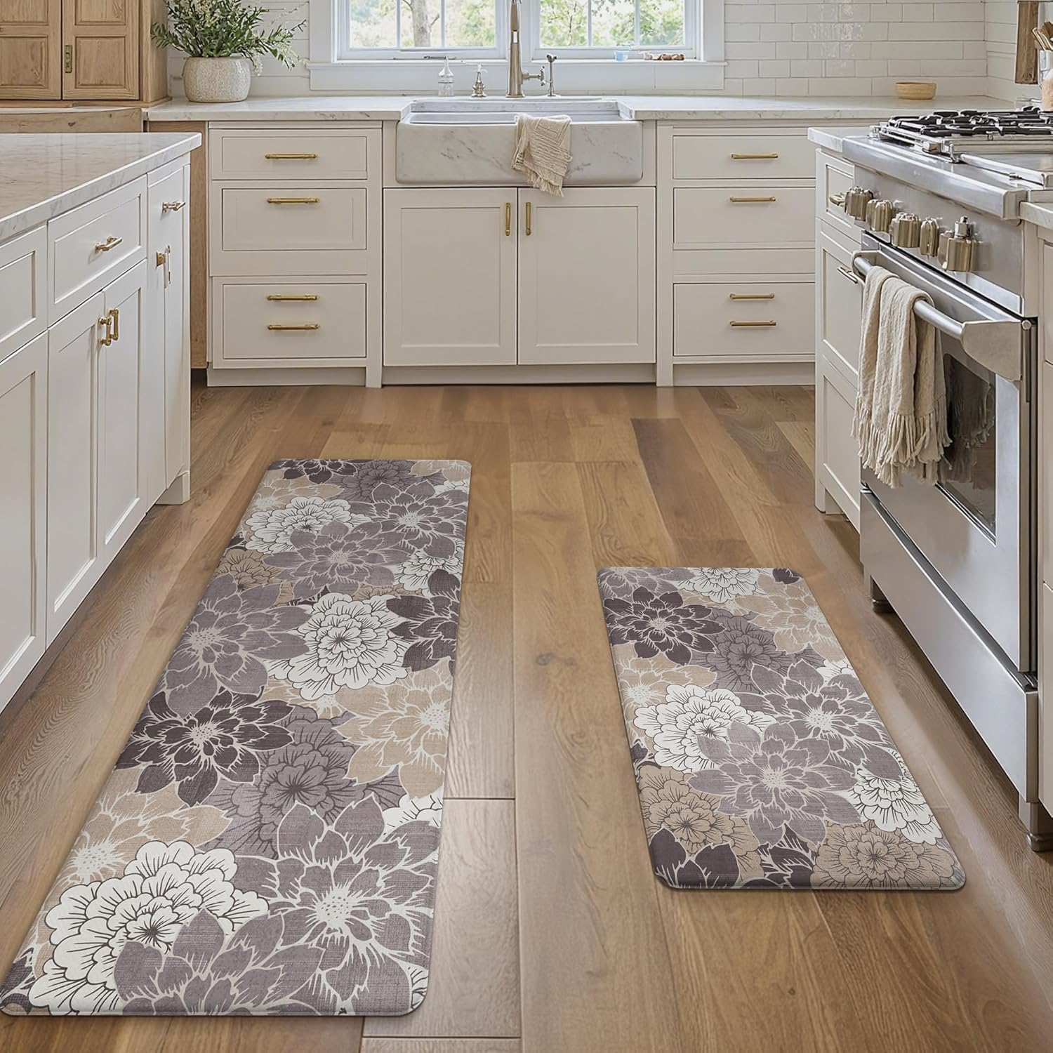 GENIMO Kitchen Mats for Floor, Kitchen Rugs Non Slip Washable Sets of 2, Waterproof Cushioned Anti Fatigue Mat, Floral Runner Rug for Laundry, Sink, Office, Home, 17.3"x59"+17.3"x30", Coffee Brown