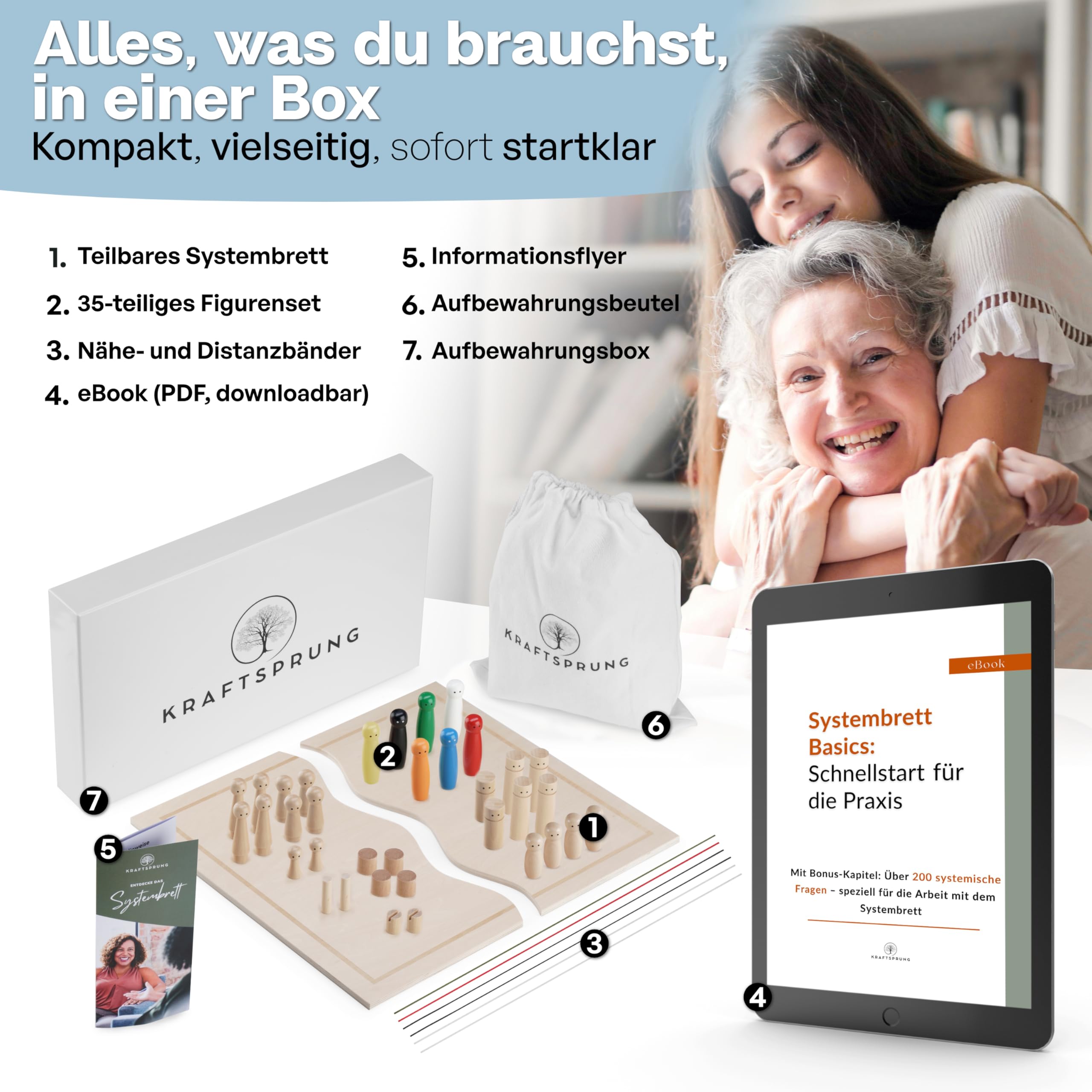 Kit de présentation de tableau systémique - 45 pièces : planche familiale et figurines en bois avec eBook de 200 questions systémiques et extras - Idéal pour le coaching et les présentations