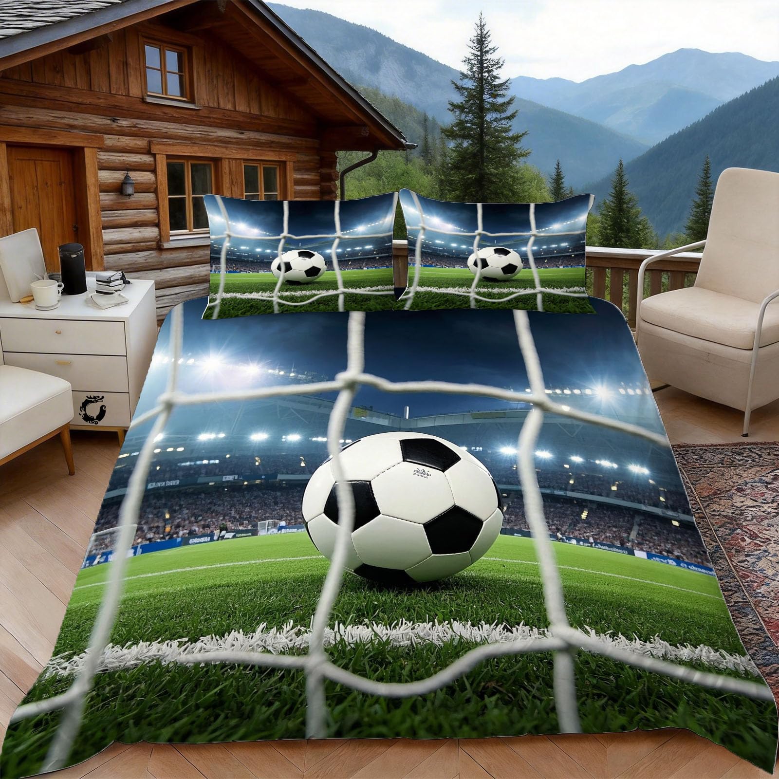 3D Double Duvet Set 3D Printed Soccer Ball Bedding, Soccer Field Soft Microfibre Duvet Cover Sets Quilt Cover and Pillow Set with Zipper 3 Pcs
