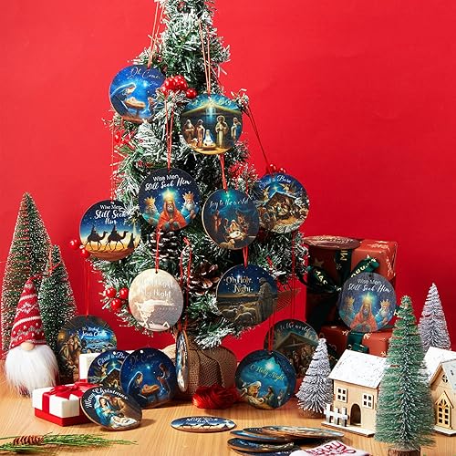 Miniatura 17 de Soaoo 72 piezas de adorno navideño de madera de Jesús, decoración de Navidad religiosa cristiana con cuerdas rojas para decoración de fiesta