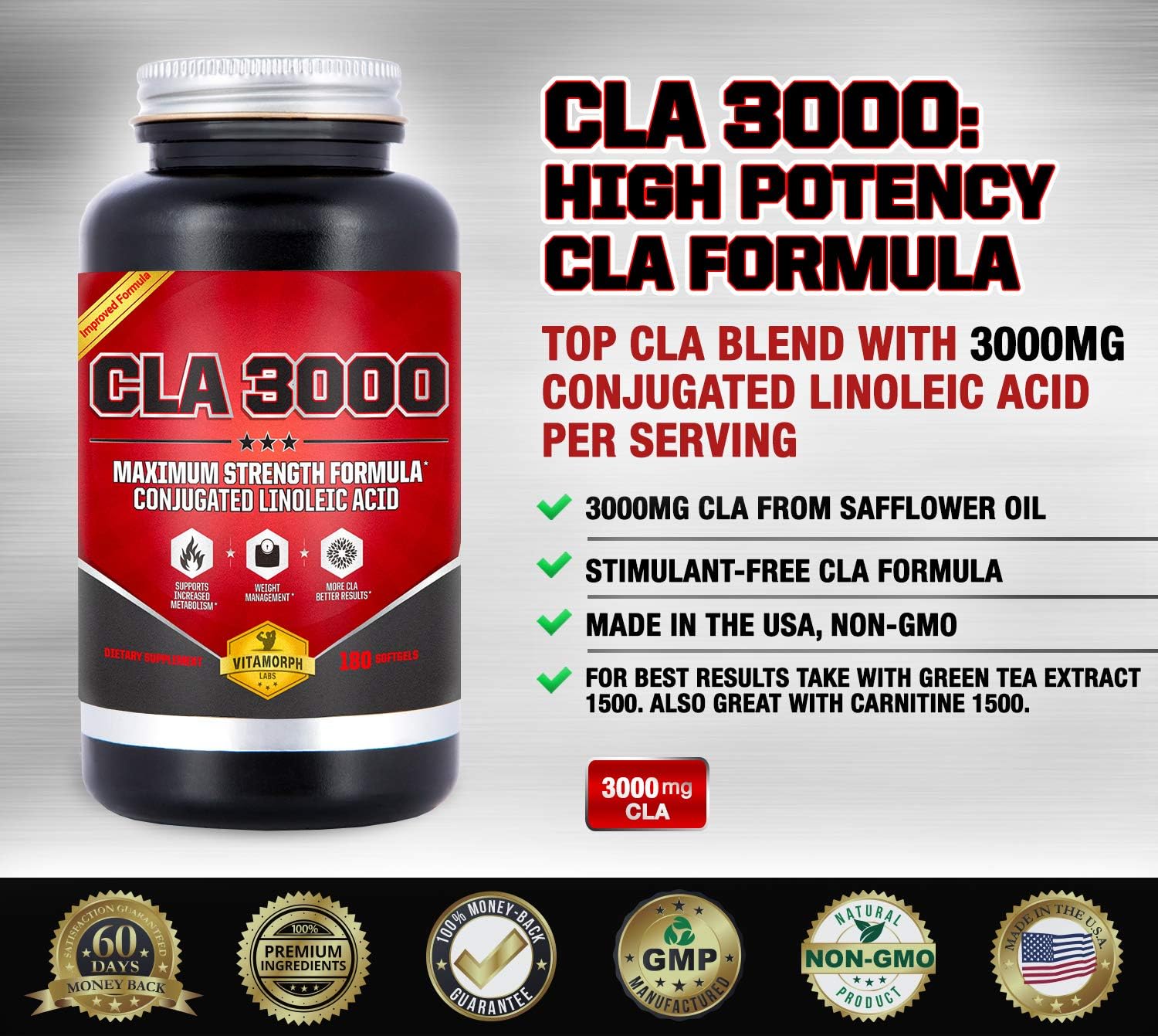 CLA 3000 - CLA Safflower Oil for Metabolism and Weight Loss Management, Maximum Strength Conjugated Linoleic Acid, Stimulant-Free Non-GMO Safflower Cla by Vitamorph Labs - 180 Softgels : Health & Household