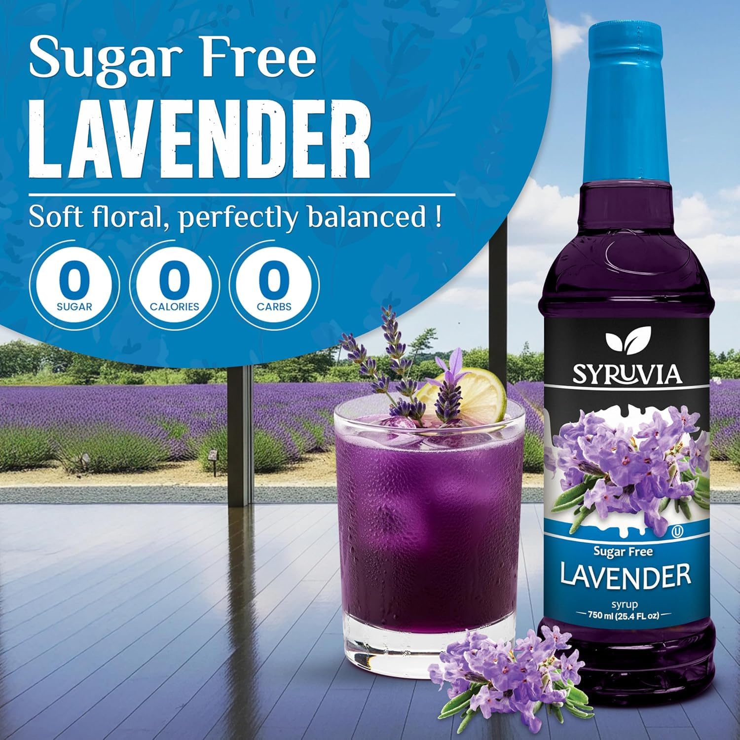 Syruvia Jarabe de lavanda sin azúcar - 751.2 ml. Jarabe saborizante de café de alta calidad. 0 calorías, kosher y sin gluten. Perfecto para bebidas, refrescos, batidos, postres y más.