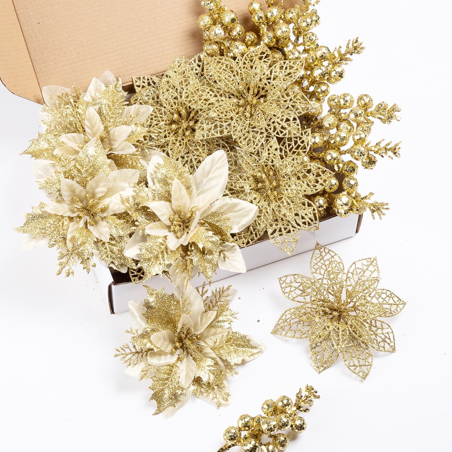 24Pcs Christmas Poinsettia Artificial Flowers and Glitter Berries Kit, 2 Styles Total 16Pcs Christmas Tree Flowers Ornaments, 8Pcs Christmas Tree Picks for Wedding Holiday Decorations, Gold