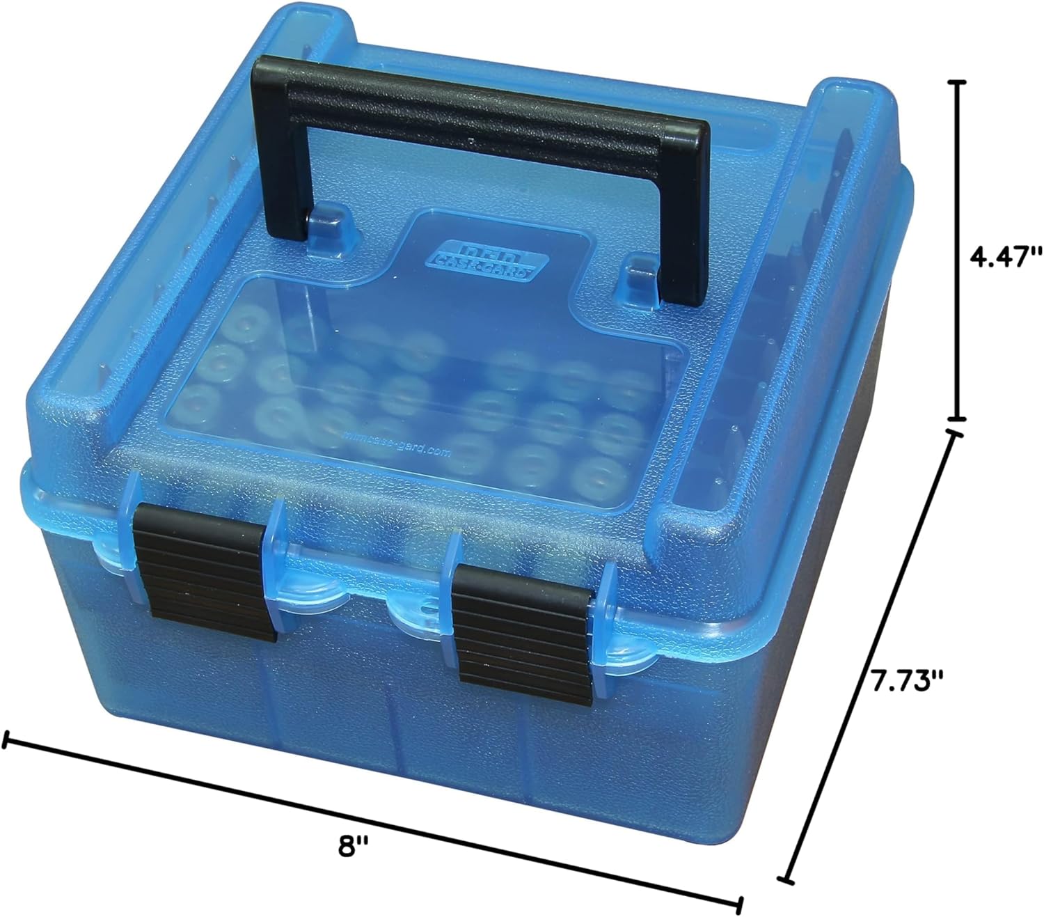 MTM Case-Gard R-100-MAG-24 Deluxe Ammo Box, 100 Round, Fits Regular Mag WSM WSSM Ultra Mag, Sauh, Handle, Lockable, USA Made, Clear Blue