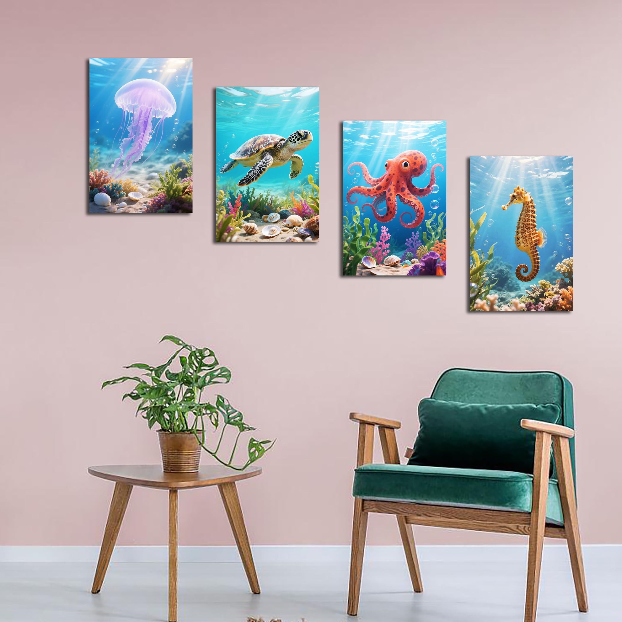 Fokenzary Kit de Pintura por Números para Adultos DIY Tortuga Marina Animal Marino Lienzo Conjunto para Principiantes con Caballete y Pinturas Acrílicas con Marco (20x30cm x 4pcs) - 4