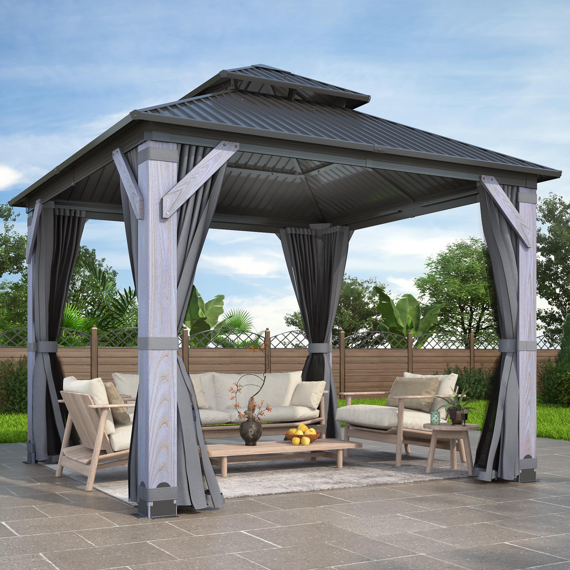 GARTOO 10' x 10' Outdoor Wood Gazebo - Permanent Wooden Hardtop Gazebo Pavilion with Double Curtains, Galvanized Steel Roof Cedar Wood Gazebos for