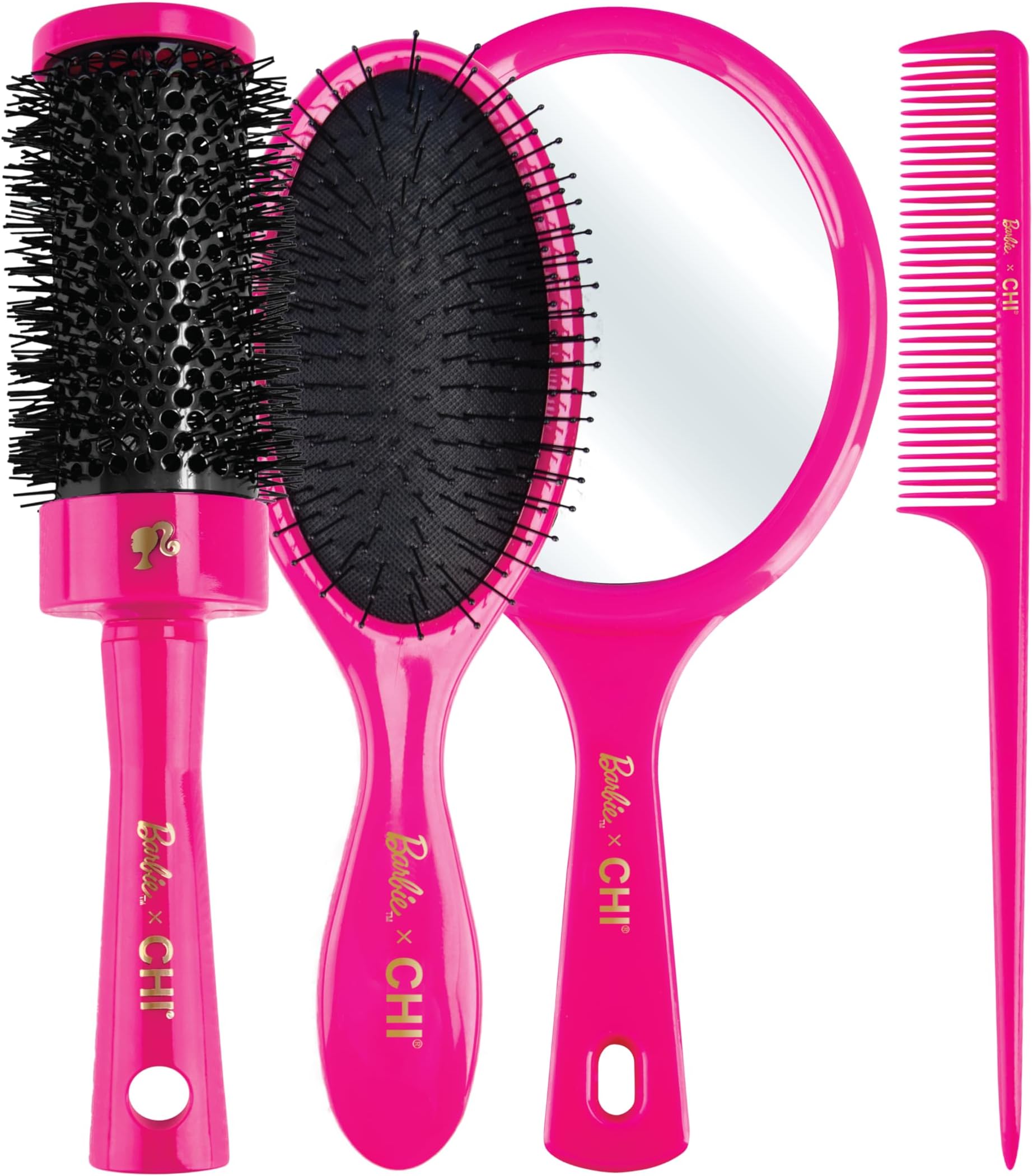 CHI X Barbie 65th Anniversary 4-Piece Styling Kit, Includes Rattail Comb, Paddle Brush, Round Brush & Mirror