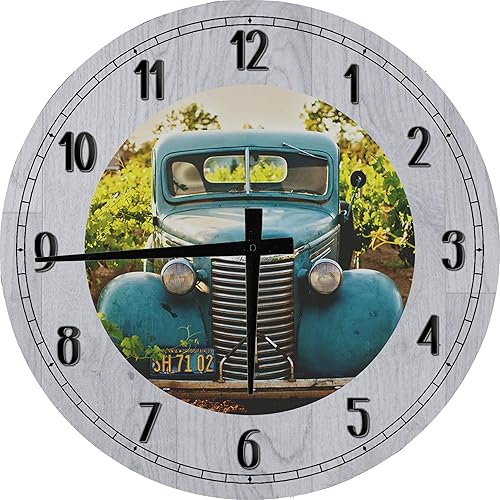 Classic American Hotrod - Arte de pared de camión azul rústico para decoración de reloj de pared de madera redonda grande, 12 pulgadas, gris