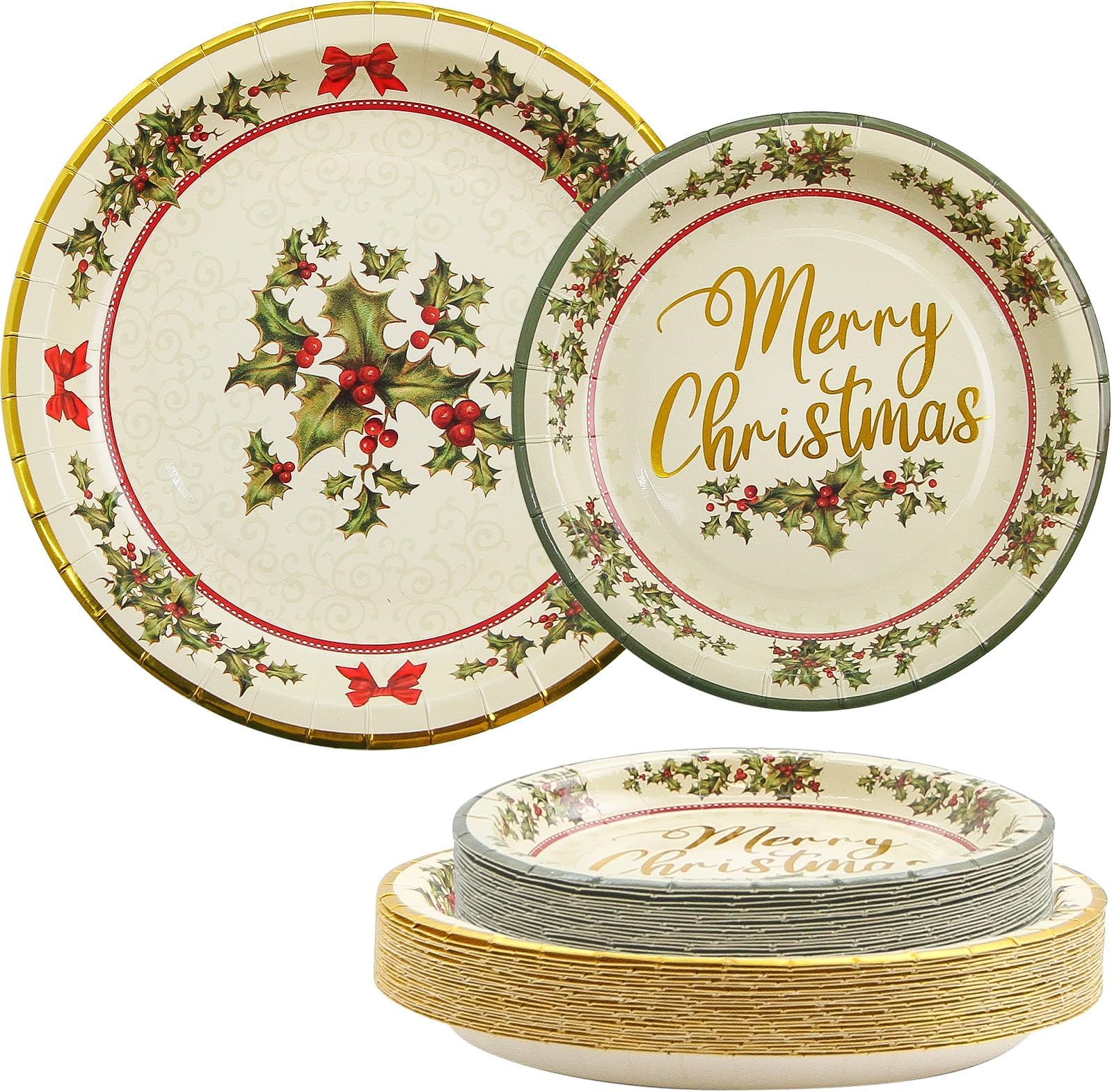 ceiba tree 48 Pack Christmas Paper Plates 24 Pcs 9" Disposable Paper Dinner Plates 24 PCS 7" Dessert Plates Christmas Holly Dinnerware Set for 24 Guests Party Supplies