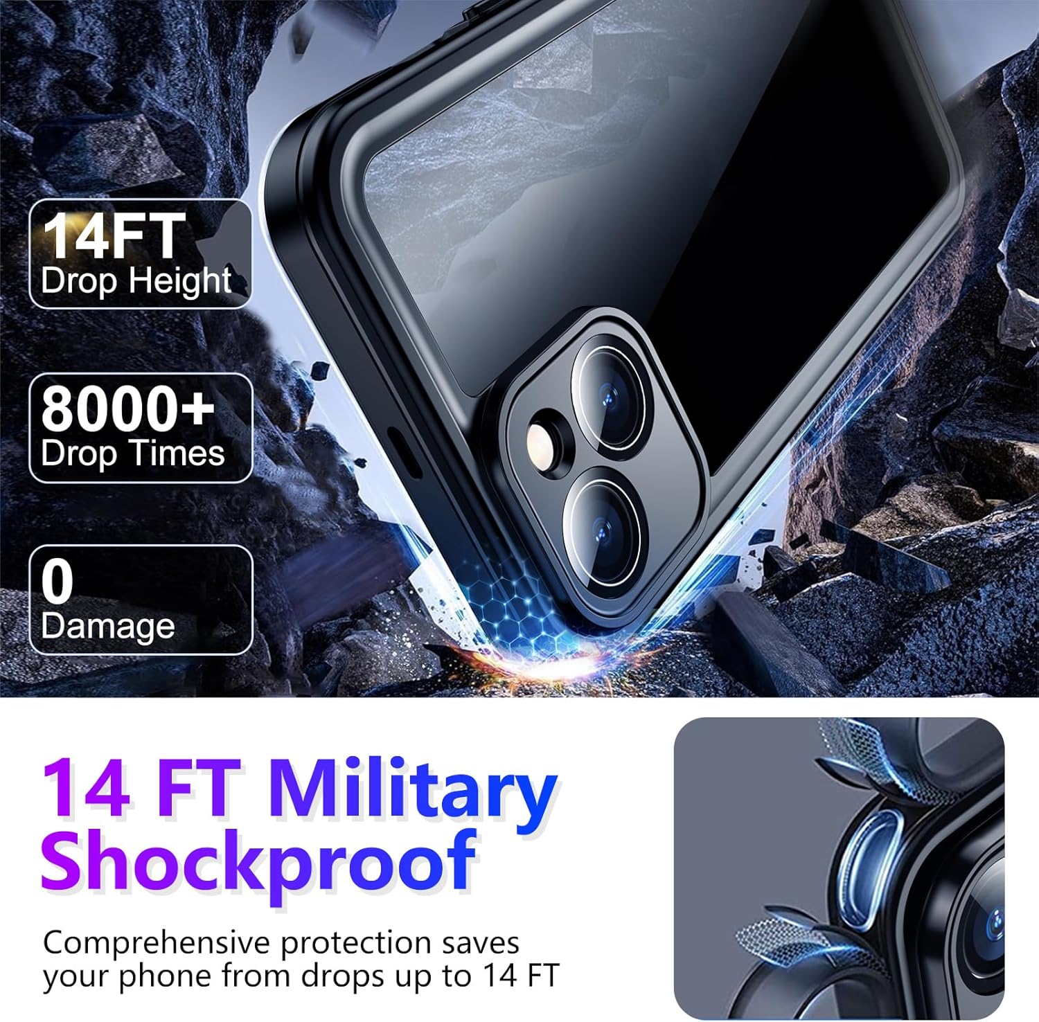 Temdan Compatible with iPhone 14 Case Waterproof, Built-in Screen & Camera Protector IP68 Underwater Full Body 14FT Military Dropproof Shockproof Phone Case 6.1"-Black/Clear - Image 3