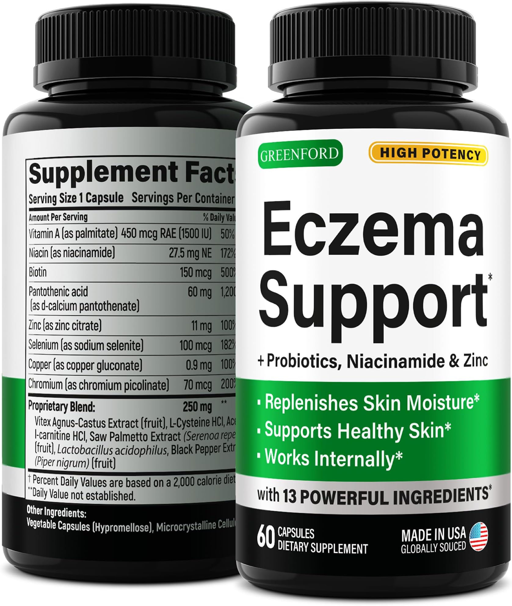 Greenford Eczema Treatment & Support for Natural Relief - Made in USA - Skin Vitamins & Herbals for Eczema, Acne, Psoriasis, Rosacea Treatment with Zinc, Niacinamide & Probiotics - 60 caps