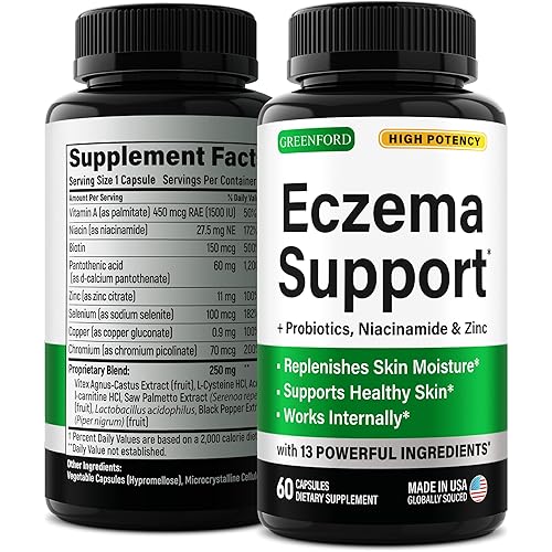 Greenford Eczema Treatment & Support for Natural Relief - Made in USA - Skin Vitamins & Herbals for Eczema, Acne, Psoriasis, Rosacea Treatment with Zinc, Niacinamide & Probiotics - 60 caps