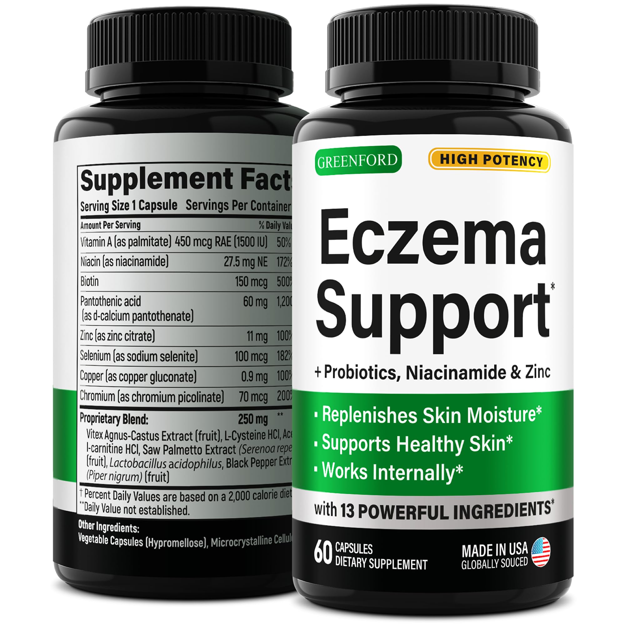 Greenford Eczema Treatment & Support for Natural Relief - Made in USA - Skin Vitamins & Herbals for Eczema, Acne, Psoriasis, Rosacea Treatment with Zinc, Niacinamide & Probiotics - 60 caps