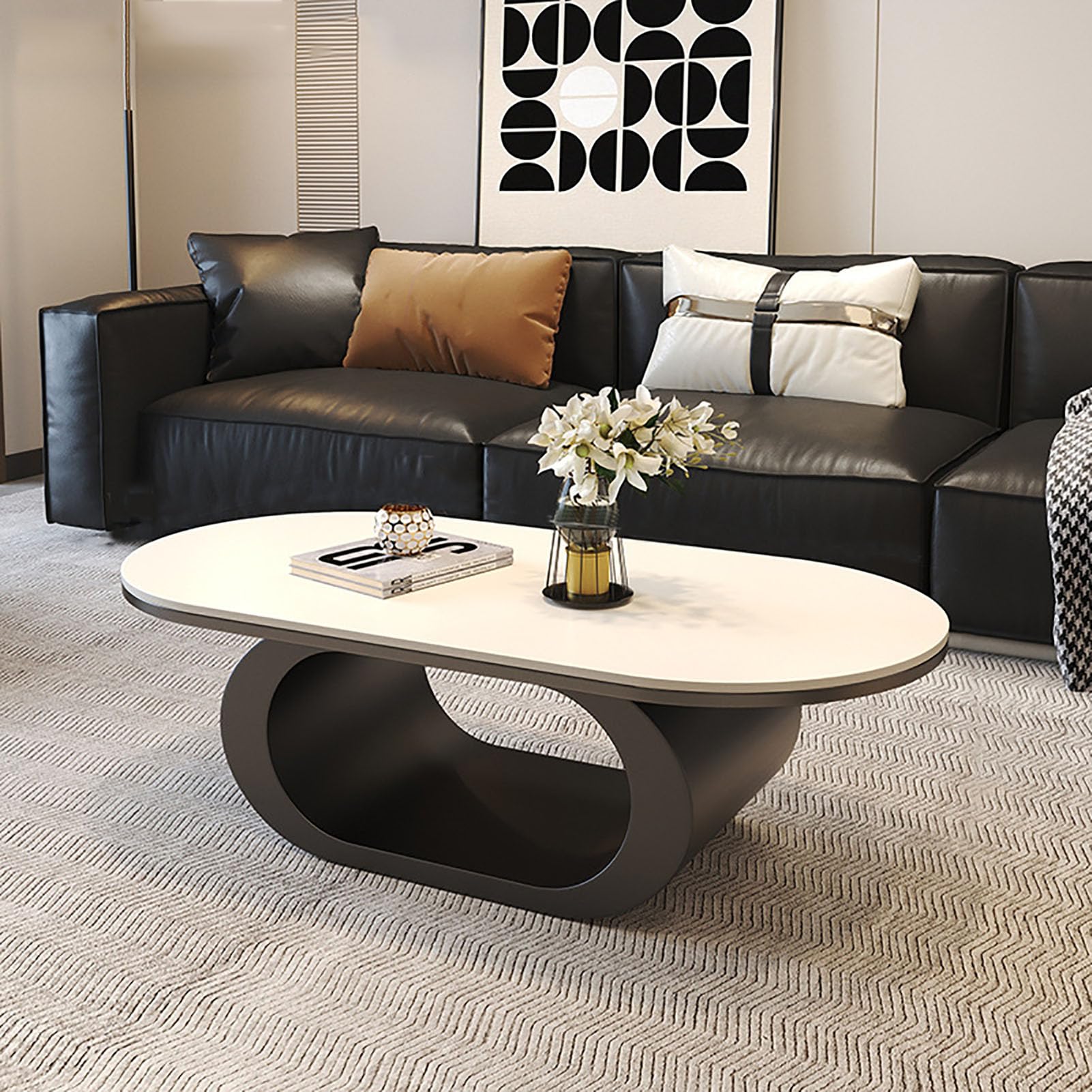 SXZenSpace 39" Oval Marble Coffee Table for Living Room,Modern Luxury Black Metal Base Center with Nesting End Home Decor,B,100x55x42cm(39x22x17inch)