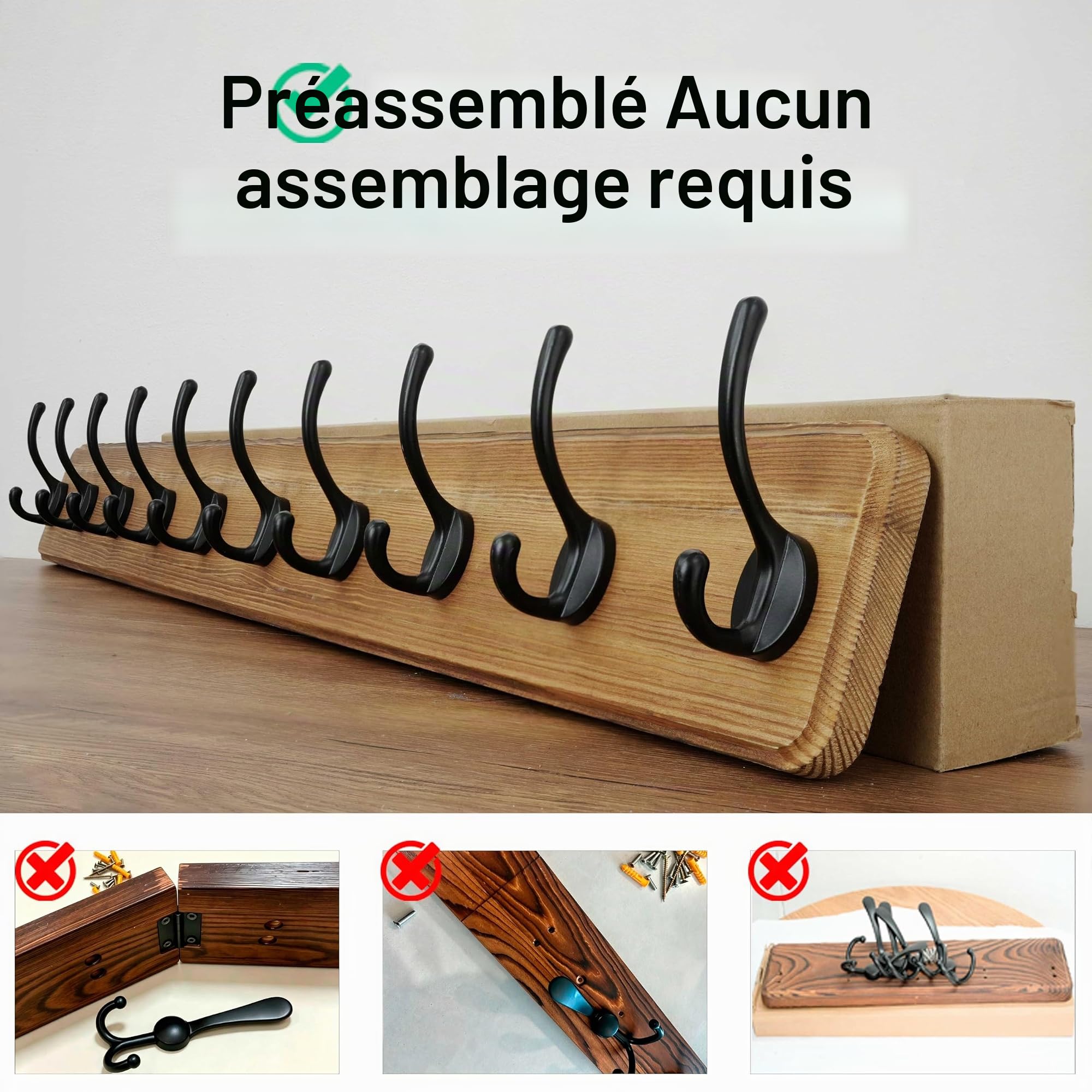WEBI Porte Manteau Mural Bois,10 Crochets,98cm Long Patère Murale,Bois Massif Porte Manteau Salle De Bain pour Manteaux Veste,Marron