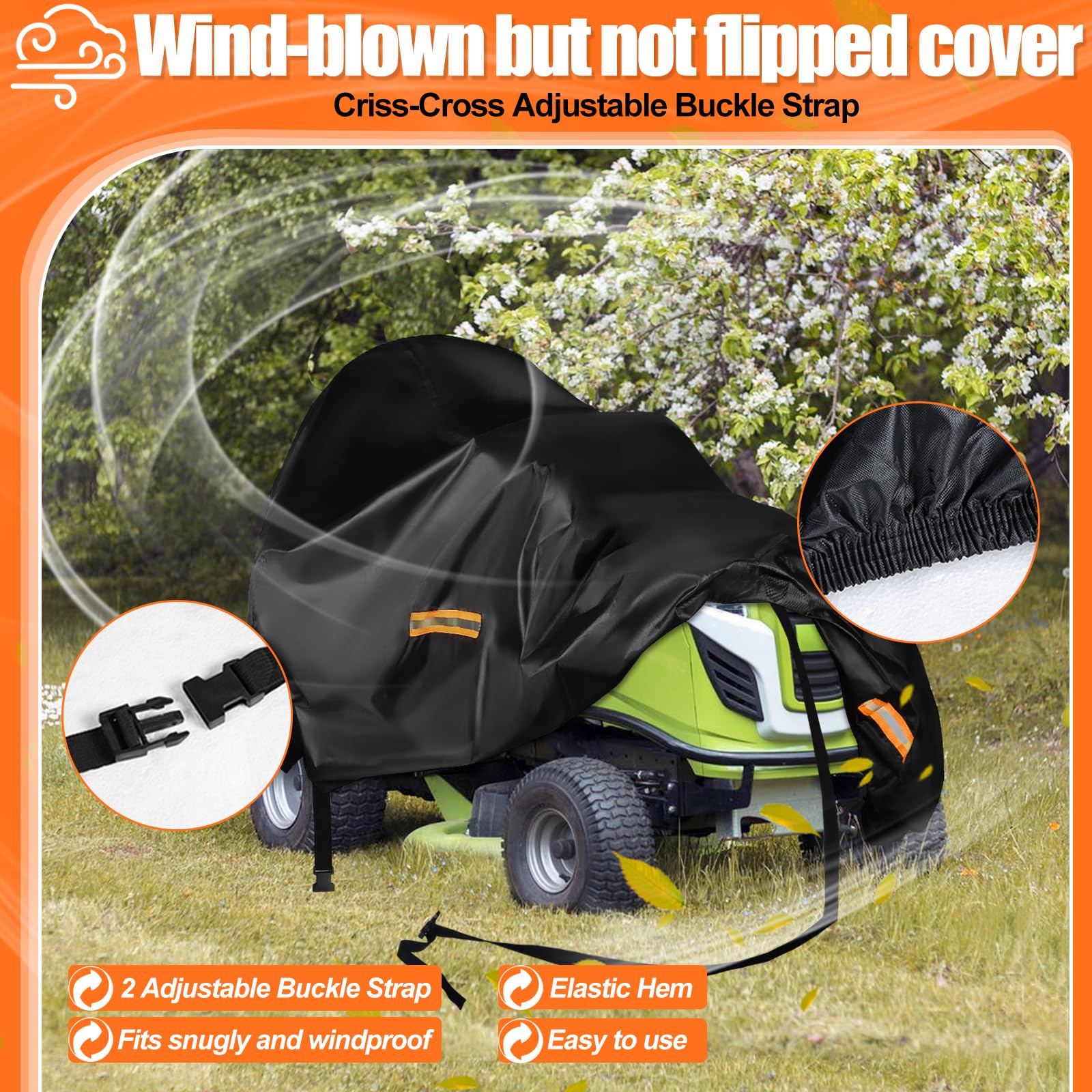 DOCEPERT Abdeckung Rasenmäher,Abdeckplane Rasentraktor Wasserdicht, Strapazierfähig, 420D Polyester Oxford Passend mit Reflektierendem Band und Winddichter Schnalle (L183 x W137 x H117CM)