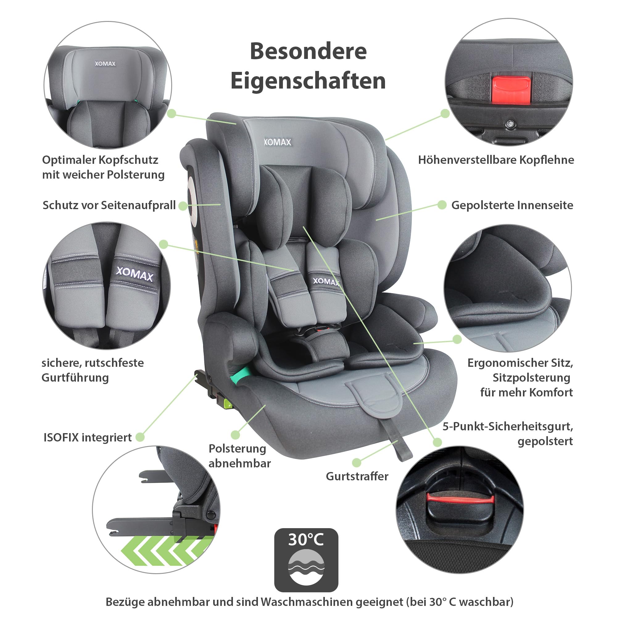 XOMAX LM238 Siège enfant avec Isofix I évolutif I 9-36 kg 15 mois à 12 ans Groupe 1/2/3 I Harnais 5 points et harnais 3 points I Housse amovible et lavable I ECE R129 I