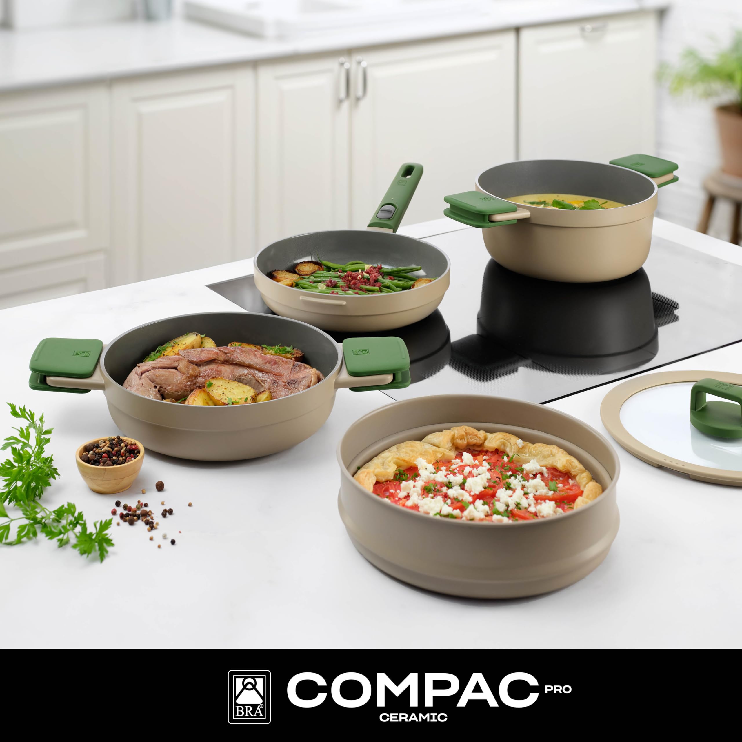 BRA Compac Pro Ceramic | Batterie de cuisine empilable 5 pièces | Tous Feux Dont Induction, Revêtement Antiadhésif Céramique