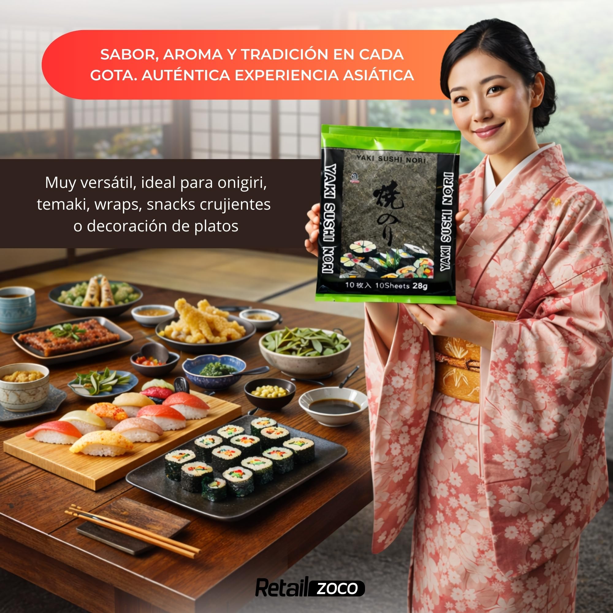 Alga Nori Yakinori, son ideales para enrollar el sushi, temaki y onigiri, Las hojas de alta calidad tienen un color vibrante y textura crujiente Grado Gold, Contiene 1 paquete de 10 hojas de 25 gr - imagen 4