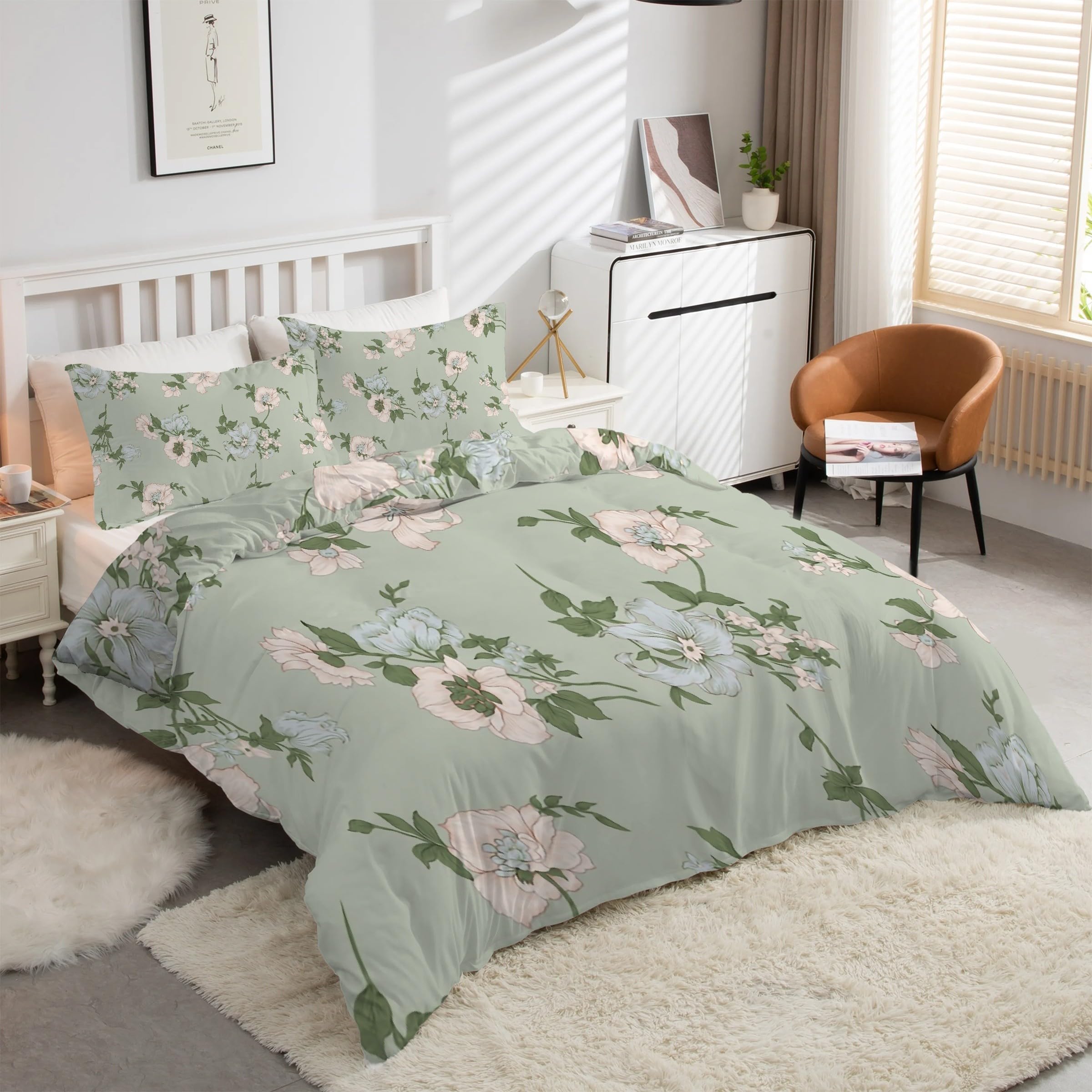Housse de couette 200x200 vert floral avec ses 2 taies d'oreiller