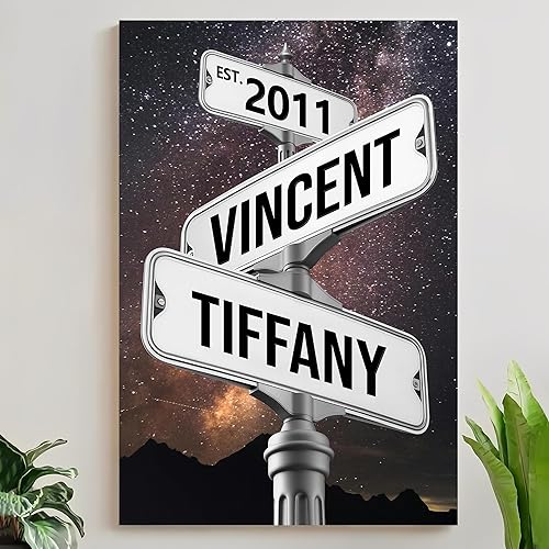 Miniatura 13 de Lienzo de letrero de calle Crossroad con nombre personalizado para parejas, arte de pared vintage personalizado con fecha, Regalo de San Valentín