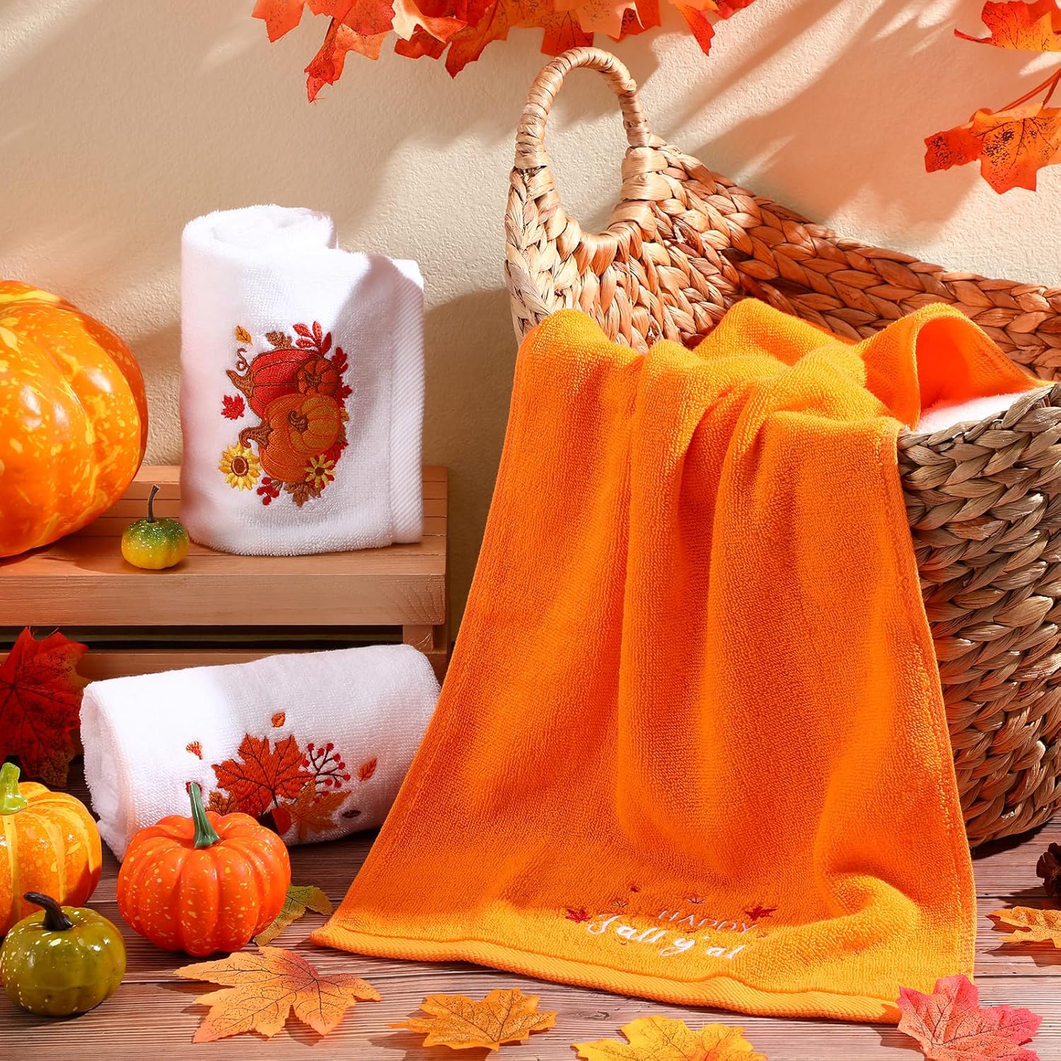 Oudain 3 Pcs Thanksgiving Hand Towels for Bathroom Cotton Embroidered 14'' x 29'' Fall Towels Bathroom Decorations Set Pumpkins Fall Leaf Fingertip Towel Thanksgiving Autumn Party Supplies(Classic) - Image 4