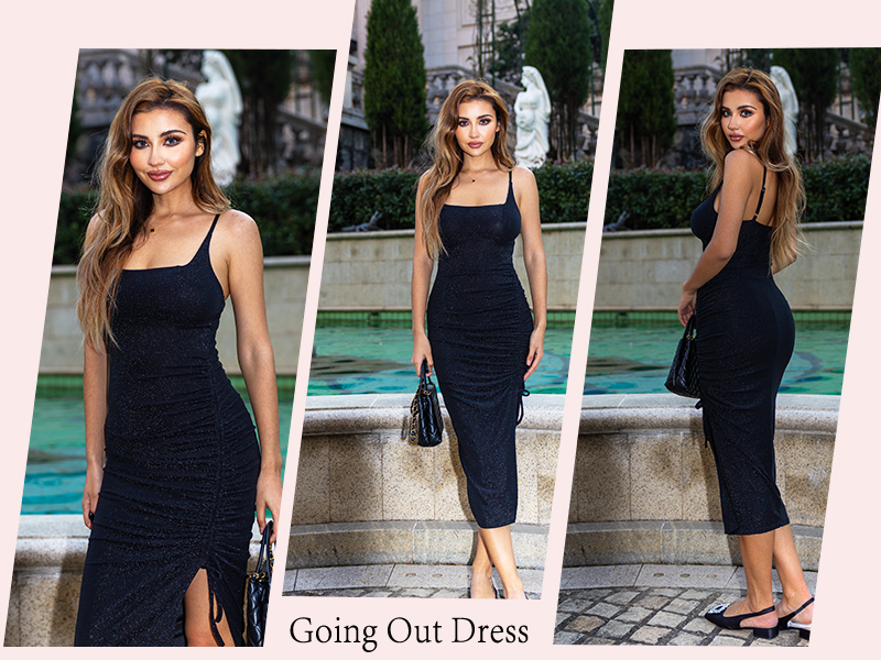 IHOT Black Dresses for Women 2025 Summer Slimming Spaghetti Strap Ruched Glitter Club Party Night Out Dresses Black S : Clothing, Shoes & Jewelry