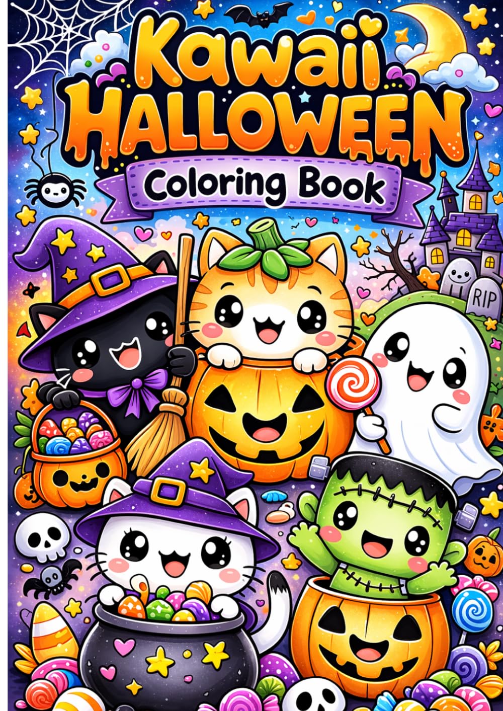 Kawaii Halloween Coloring Book: Adorable Spooky Coloring Pages Featuring Cute Ghosts, Pumpkins, Monsters, Witches, Bats and Candy | Fun Halloween ... 4–8 (Kawaii Bold and Easy Coloring Books)