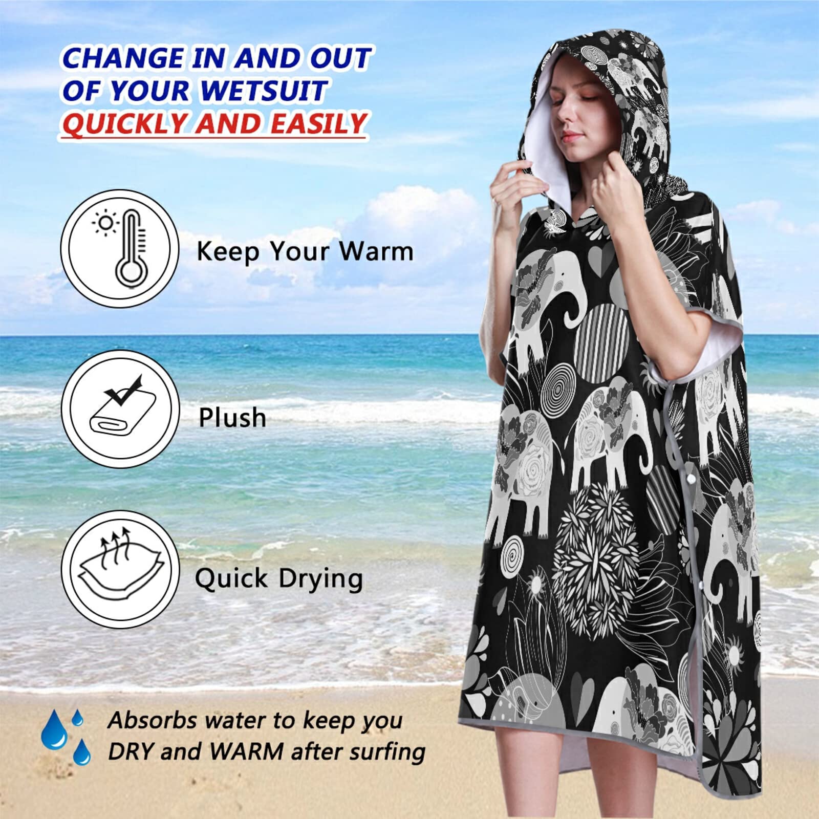 Vintage Emaillierte Elefanten-Kreise Blumen auf dunklem Surf-Poncho Wickelmantel mit Kapuze und Tasche, schnell trocknender Bademantel, Mikrofaser-Handtuch-Neoprenanzug für Bad, Strand, Outdoor