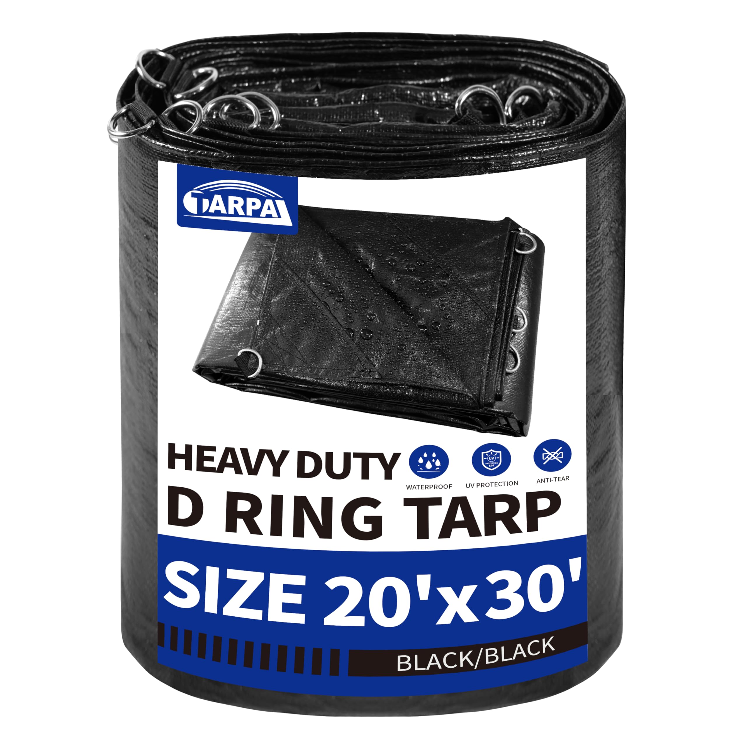 Tarp 20x30 D-Shaped Metal Ring Heavy Duty Tarps 14mil Waterproof UV Resistant Triangular Design Reinforced Corners and Edges by TARPAL（Black）